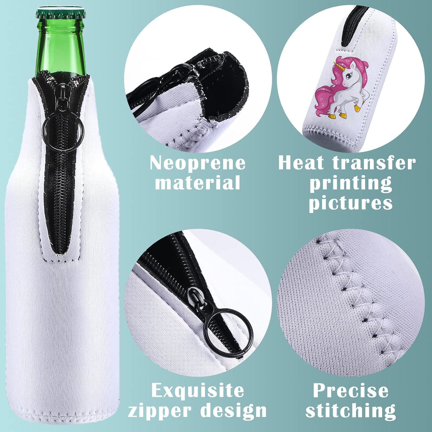 10 Pieces Sublimation Blanks Beer Bottle Cooler Sleeves White Neoprene Sleeve with Zipper Beer Sleeves for Bottles Can Cooler Insulator Glass Bottle Cover Sleeve Neck Beer Holder for 12 oz Bottle