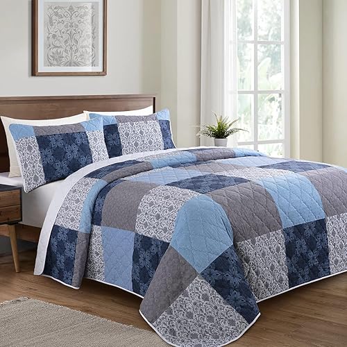 Miniatura 9 de HOMBYS Colcha extragrande de tamaño King de 128 x 120 pulgadas, juego de edredón de 3 piezas, ligero y suave, colcha floral de retazos con fundas