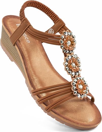 HARENCE Wedge Sandals for Women Dressy: Comfortable Elastic Ankle Strap Low Heel Open Toe Flower Summer Shoes