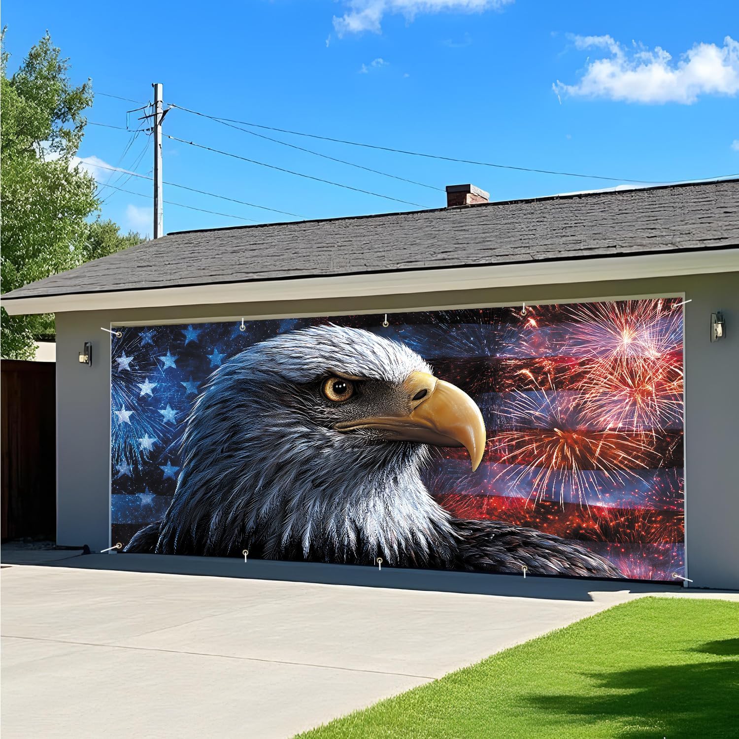 Patriotic Bald Eagle Garage Door Banner 7x16FT, American Flag Fireworks Independence Day Garage Door Cover, 4th of July Outdoor Garage Decoration for Yard Driveway Porch