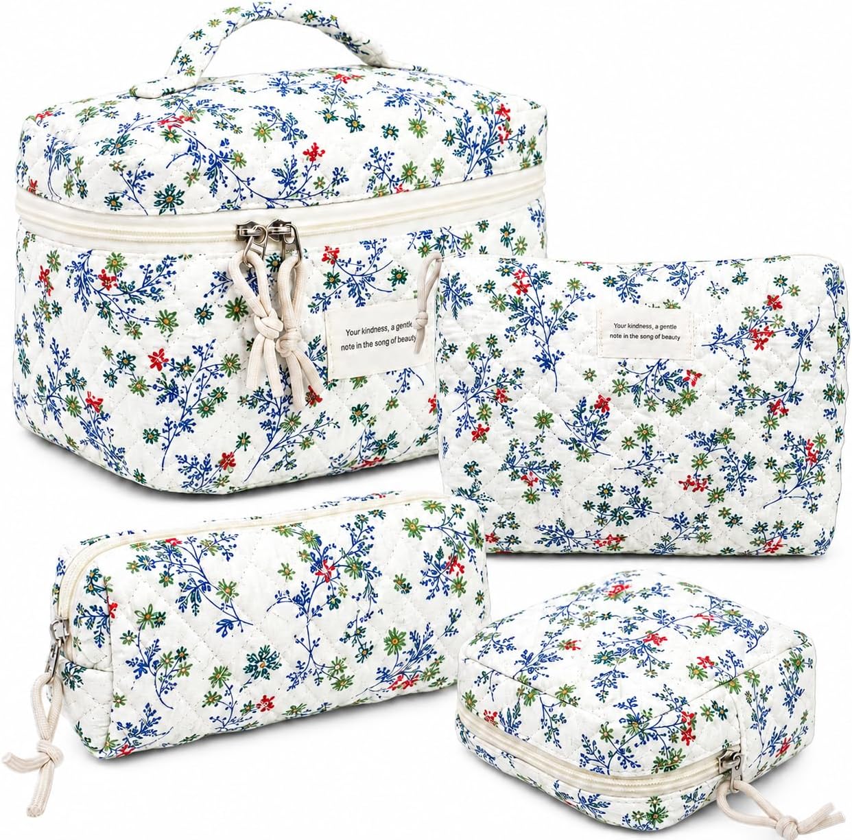 NATINSA Cute Makeup Bag for Women(2 Pcs), Travel Cosmetic Bags, Quilted Coquette Aesthetic Floral Toiletry Organizer Bag (48 - Red Green/4PCS)