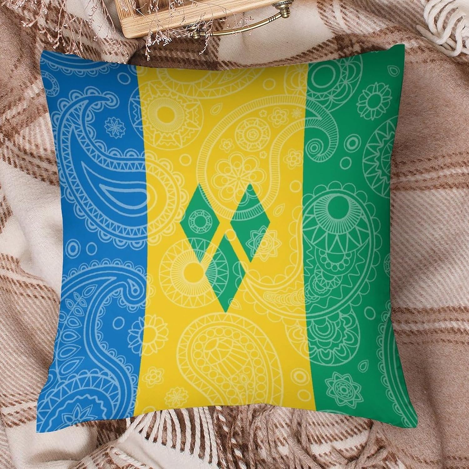 Saint Vincent Grenadines Paisley Flag Printed Throw Pillow Case 4 Pcs Soft Pillowcases Pillows Covers Sofa Bed Decor 12/14/16/17/18/20/22/24/32 Inches