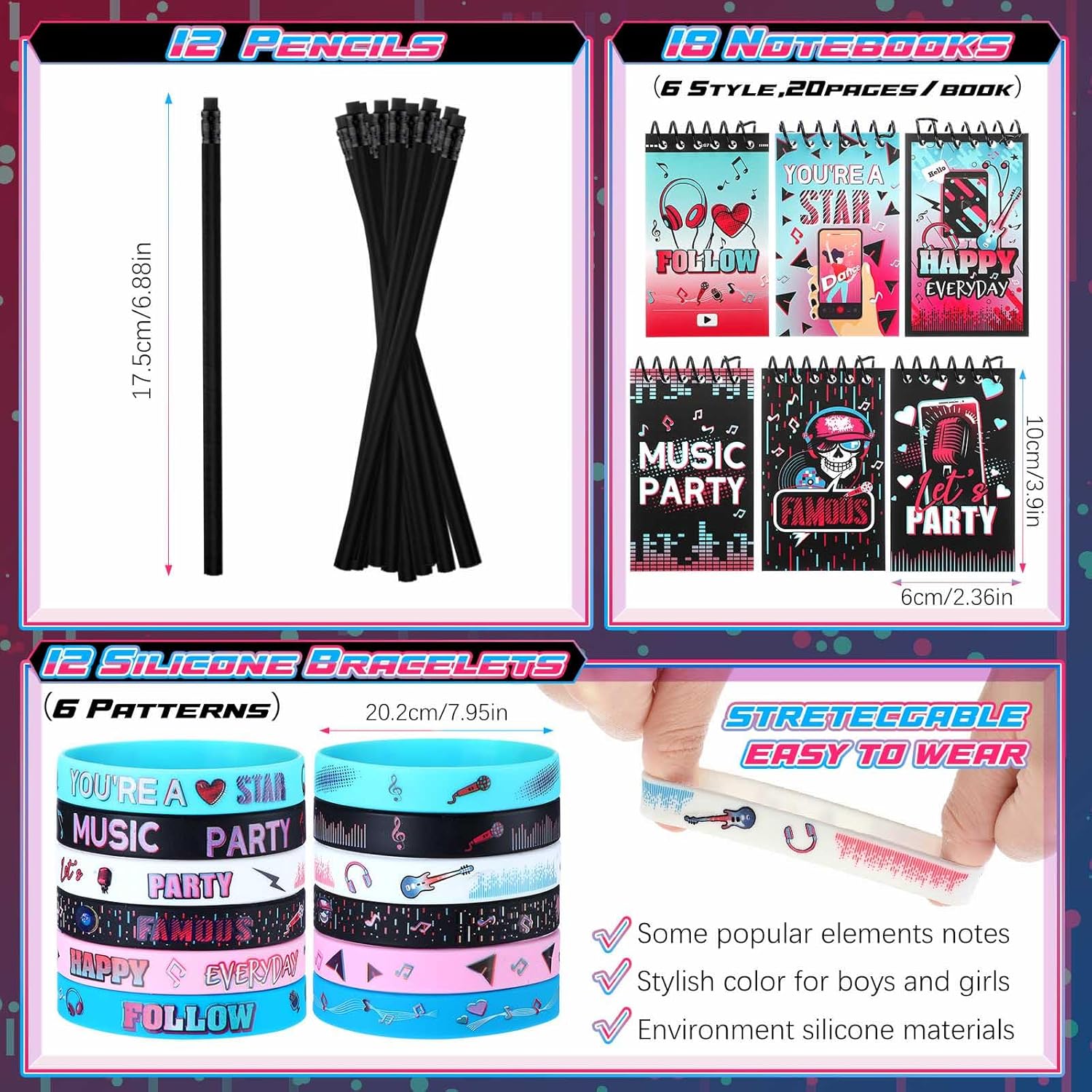 Jexine 128 Pcs Music Theme Party Supplies Include 12 Silicone Bracelets, 12 Keychains, 12 Badges, 12 Pencils, 12 Drawstring Bag, 18 Spiral Notepads, 50 Musical Stickers for Kids Birthday Party (Music)
