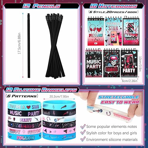Miniatura 3 de Jexine 128 piezas de suministros para fiestas temáticas musicales incluyen 12 pulseras de silicona, 12 llaveros, 12 insignias, 12 lápices, 12 bolsas