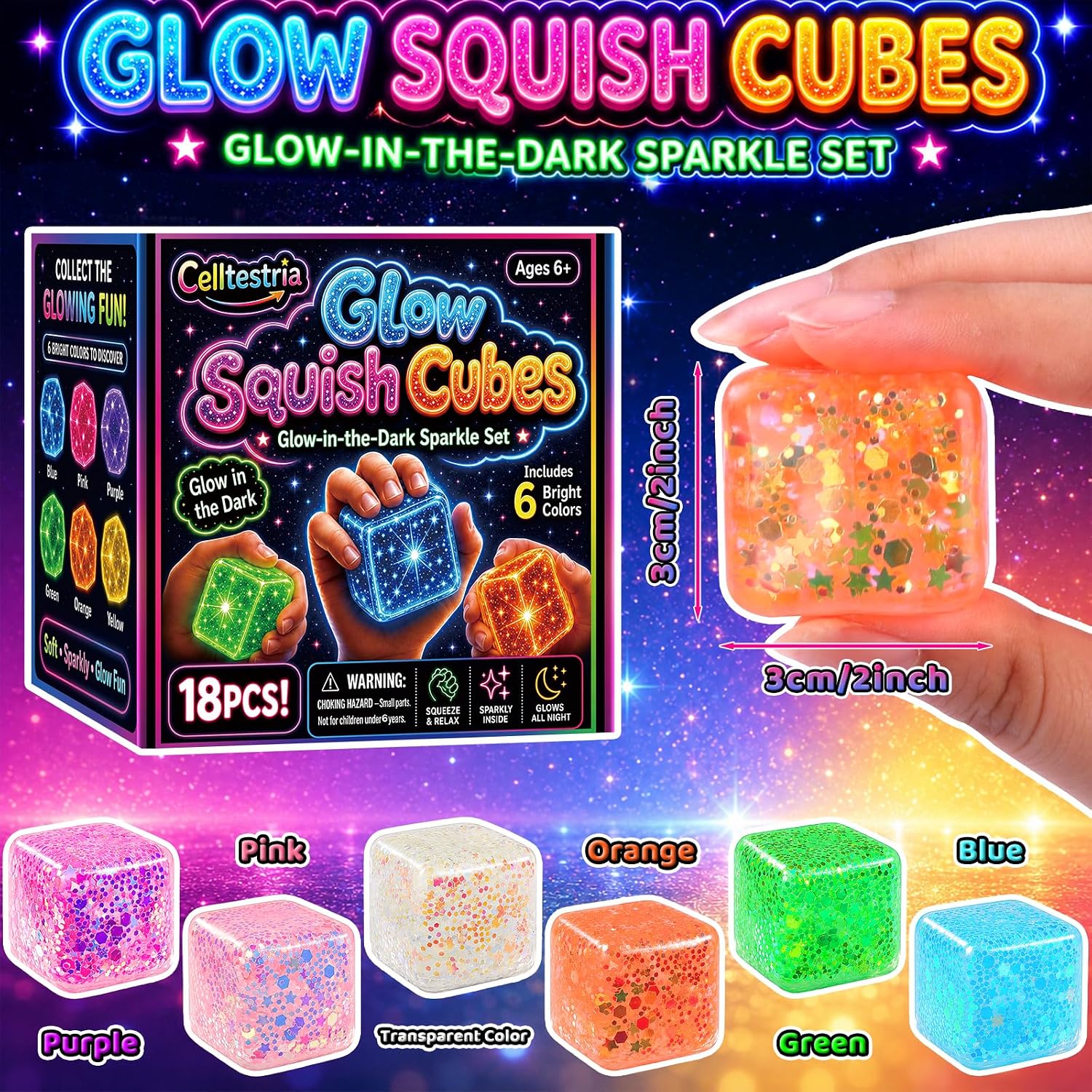 18 Pack Glow in The Dark Glitter Stress Ice Cube 6 Color Squishy Ball Toys | Luminous Sensory Slow Rising Squeeze Fidget Toys for Kids Adults Stress Relief Party Favors Birthday Gifts Classroom Prizes