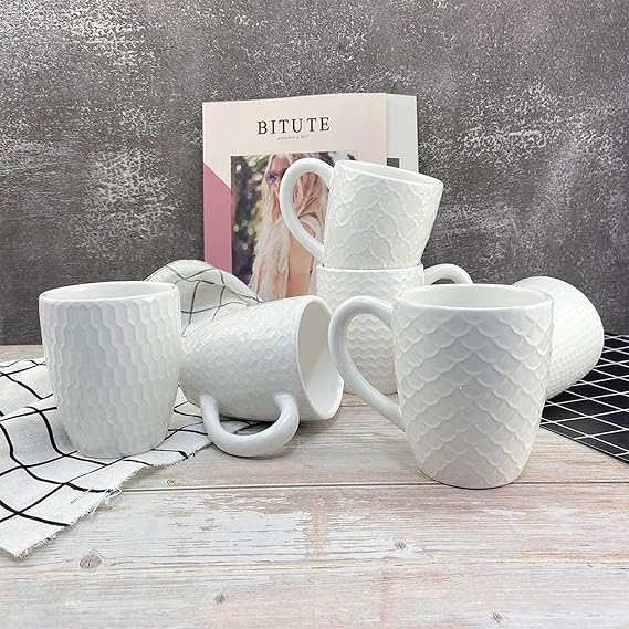 Hoikwo 12oz / 380ml Coffee Mugs Set of 6, White Bone China Mugs with Relief Pattern for Coffee, Tea, Latte, Milk, Cocoa, Juice and Other Hot Drinks