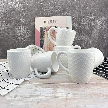 Hoikwo 12oz / 380ml Coffee Mugs Set of 6, White Bone China Mugs with Relief Pattern for Coffee, Tea, Latte, Milk, Cocoa, Juice and Other Hot Drinks