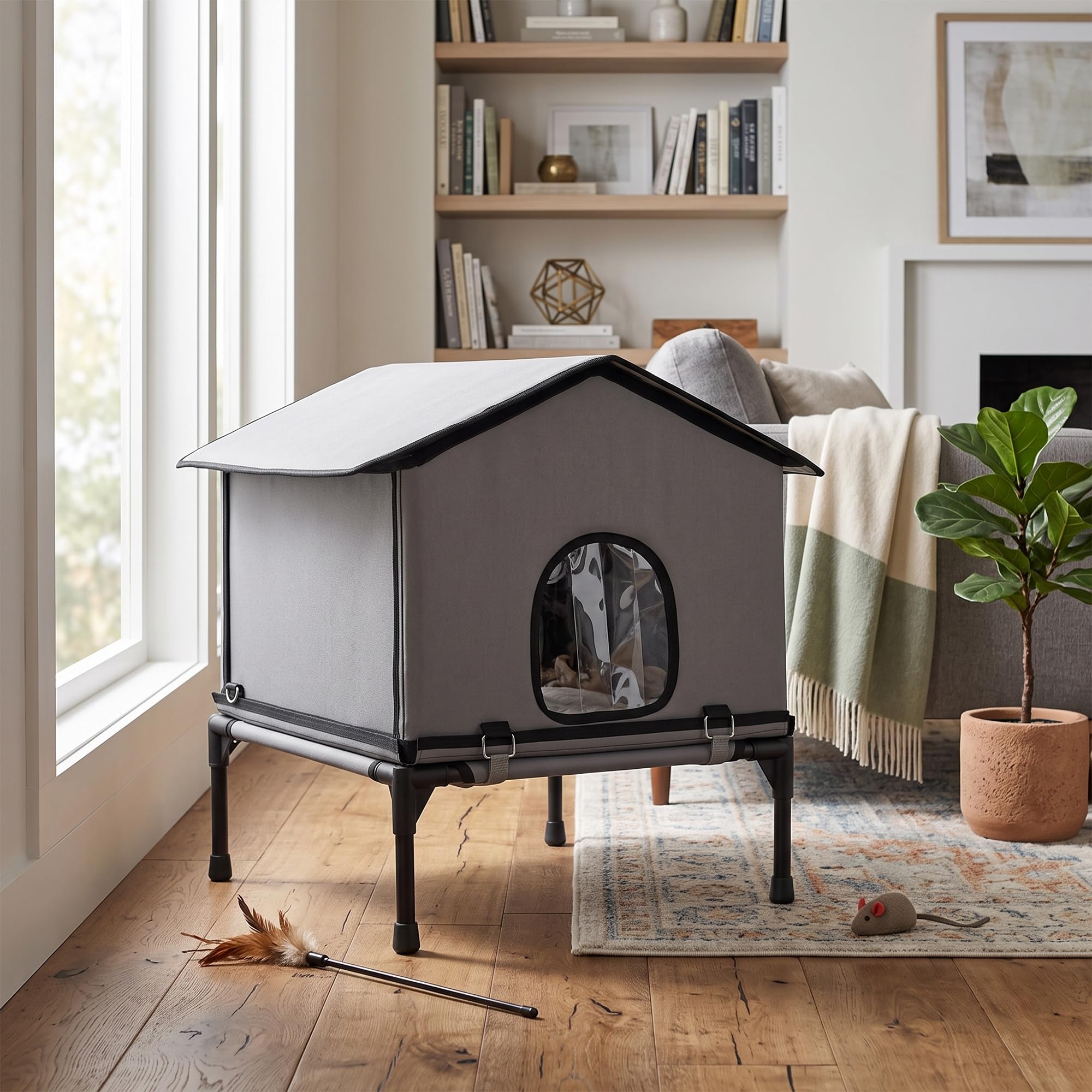 PawHut Casa Gato Exterior Impermeable aislada cojín para Gatitos Gris | Perrera gato, base elevada, refugio plegable para gato callejero, interior exterior