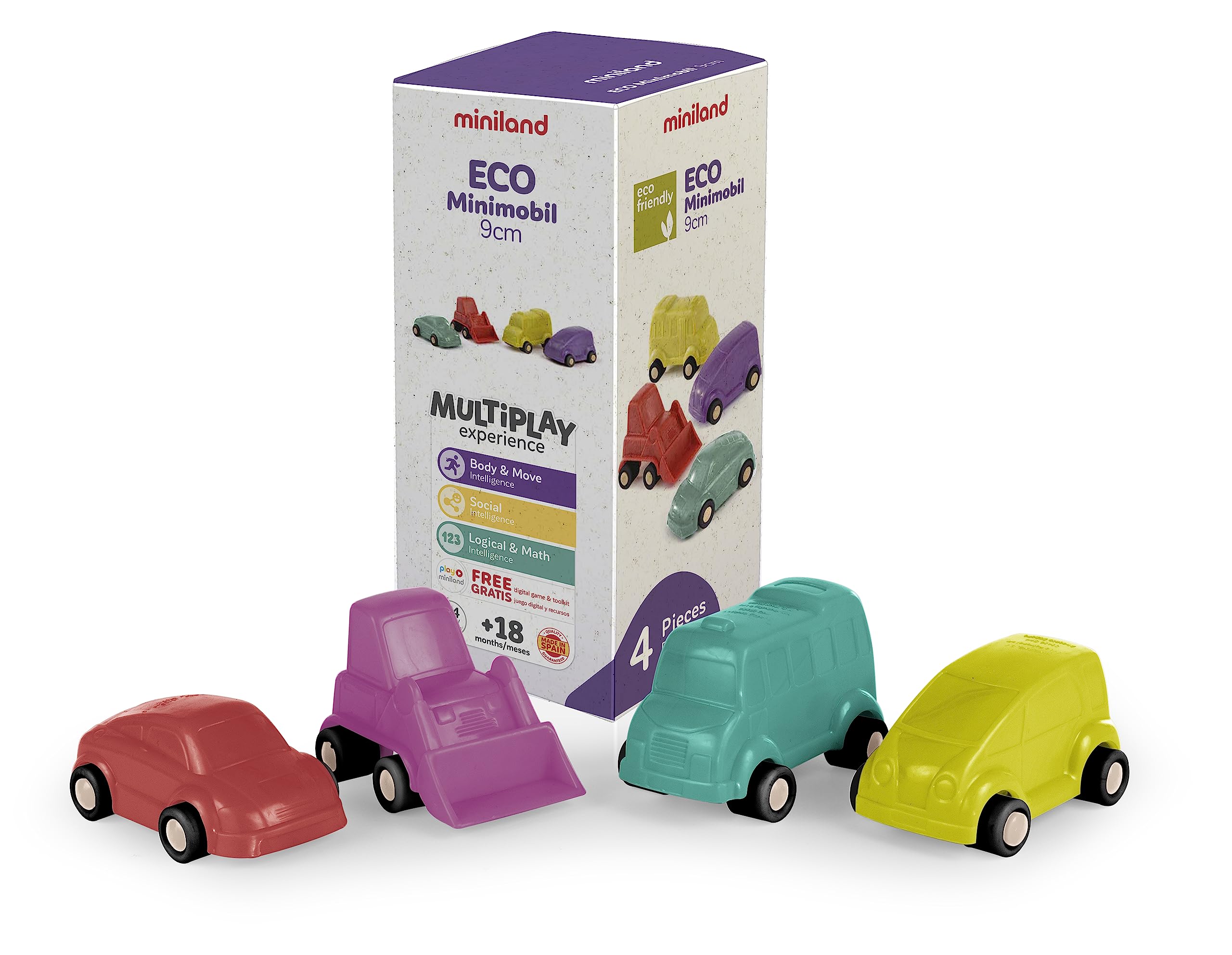 Miniland ECO Minimobil 9 cm (4 Units) - Road Education, Durable Design, Didactic, Cars