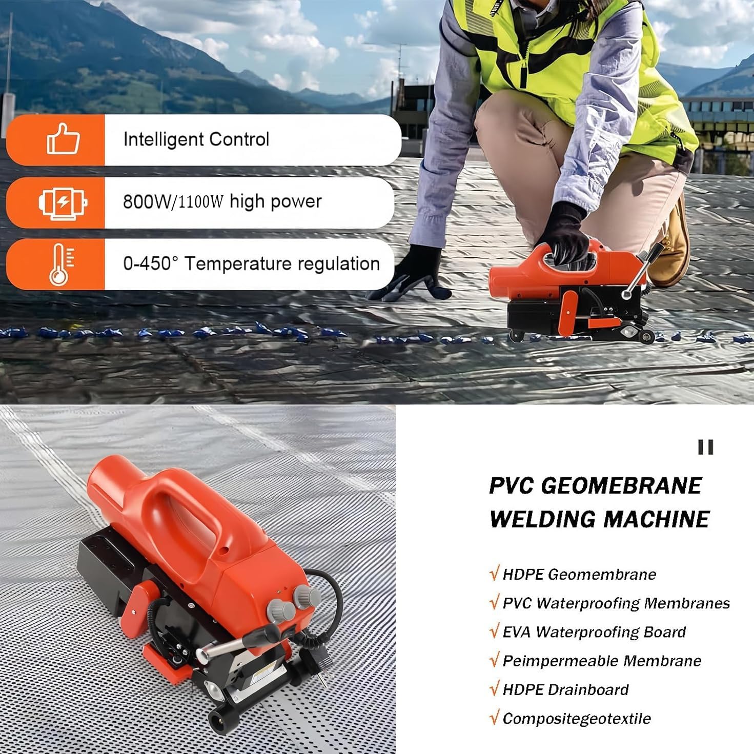 Macchina calda del saldatore del cuneo 800W per la sigillatura della membrana di plastica Geomembrane del PE del PVC dell'HDPE EVA, temperatura regolabile 0-450℃, velocità 0.5-5M/Min, 0.2Mm