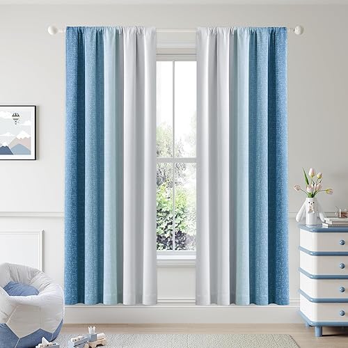 Miniatura 18 de Cortinas Ombre 100% Opacas de 90 Pulgadas de Largo, 2 Paneles para Dormitorio, Sala de Estar, Patrón Degradado Azul y Blanco, Oscurecimiento de Ojal