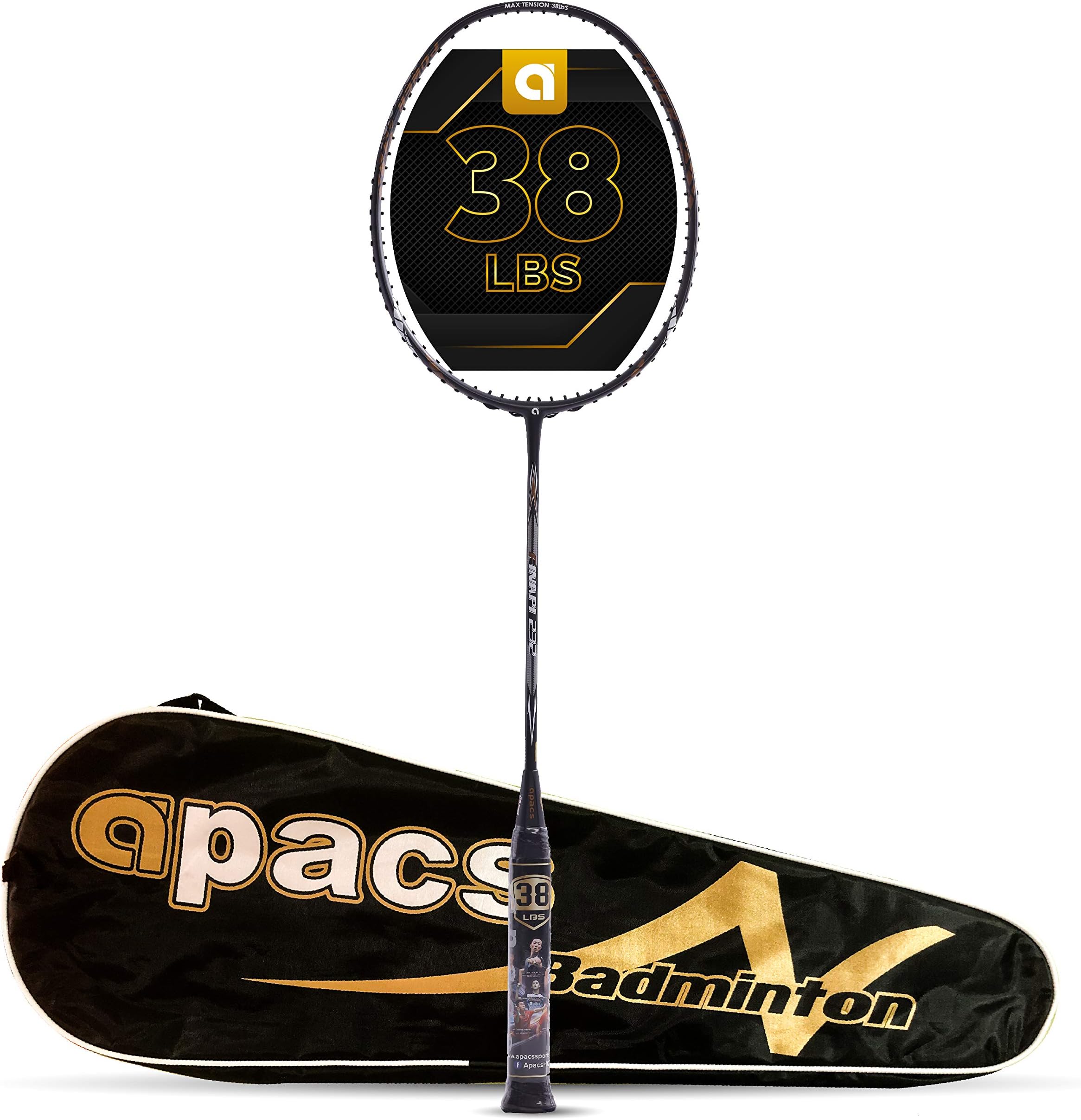 Apacs Finapi 232 (38 LBS, Mega Tension) Graphite Unstrung Badminton Racket with Cover (Black)
