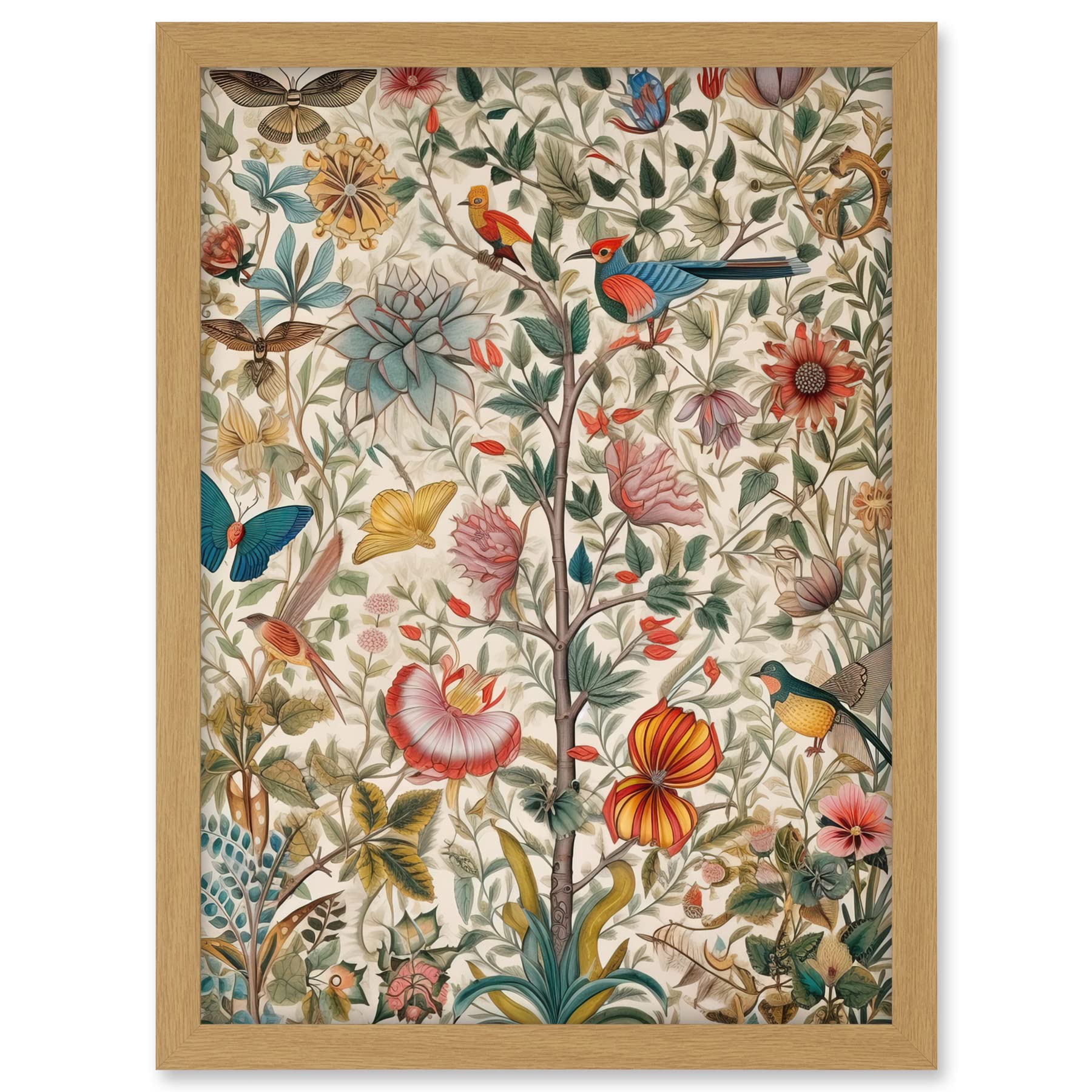 Artery8 Butterflies And Flower Plants Pattern Folk Art Watercolour Painting Artwork Framed A3 Wall Art Print