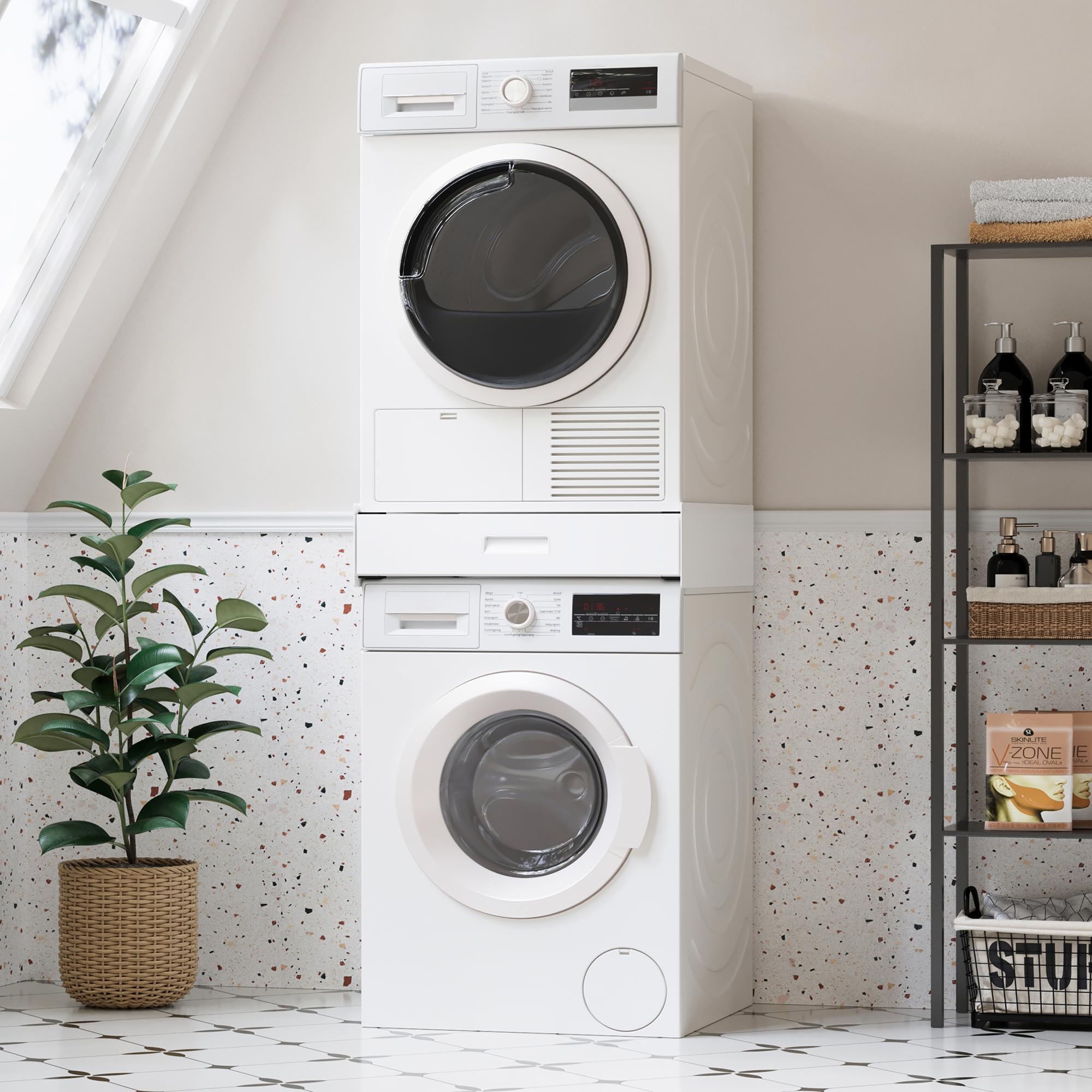 [en.casa] Kit Sovrapposizione Lavatrice Asciugatrice 61x54 cm Bianco | Set Congiunzione Accatastamento Supporto Universale Con Cassetto Cinghia di Fissaggio Colonna Bucato in Acciaio
