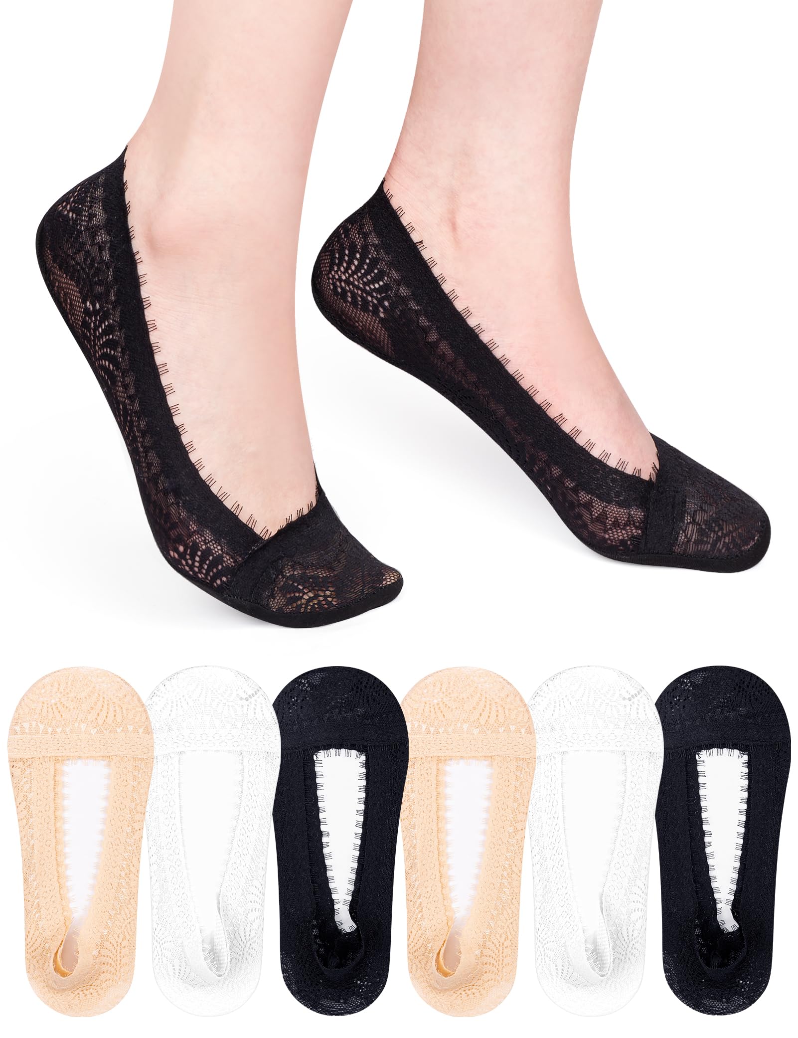 Becellen 6 paar onzichtbare enkelsokken voor dames, ballerina, ademende kanten sokken met antislip siliconen, pauw, One size