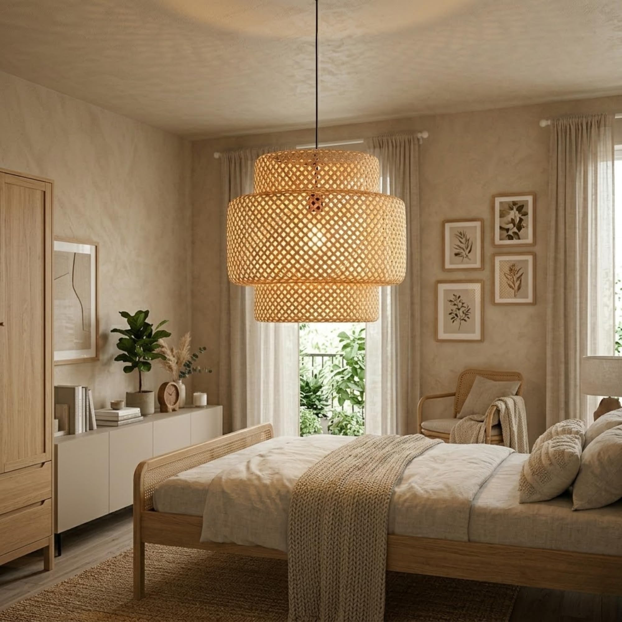 BARCELONA LED Hängelampe Onna aus natürlichem Rattan Ø40 cm. Handgefertigte Pendelleuchte im Boho Stil mit E27 Fassung bis 60W, 3 Kabel-Optionen, warmes Licht für Wohnzimmer & Esszimmer