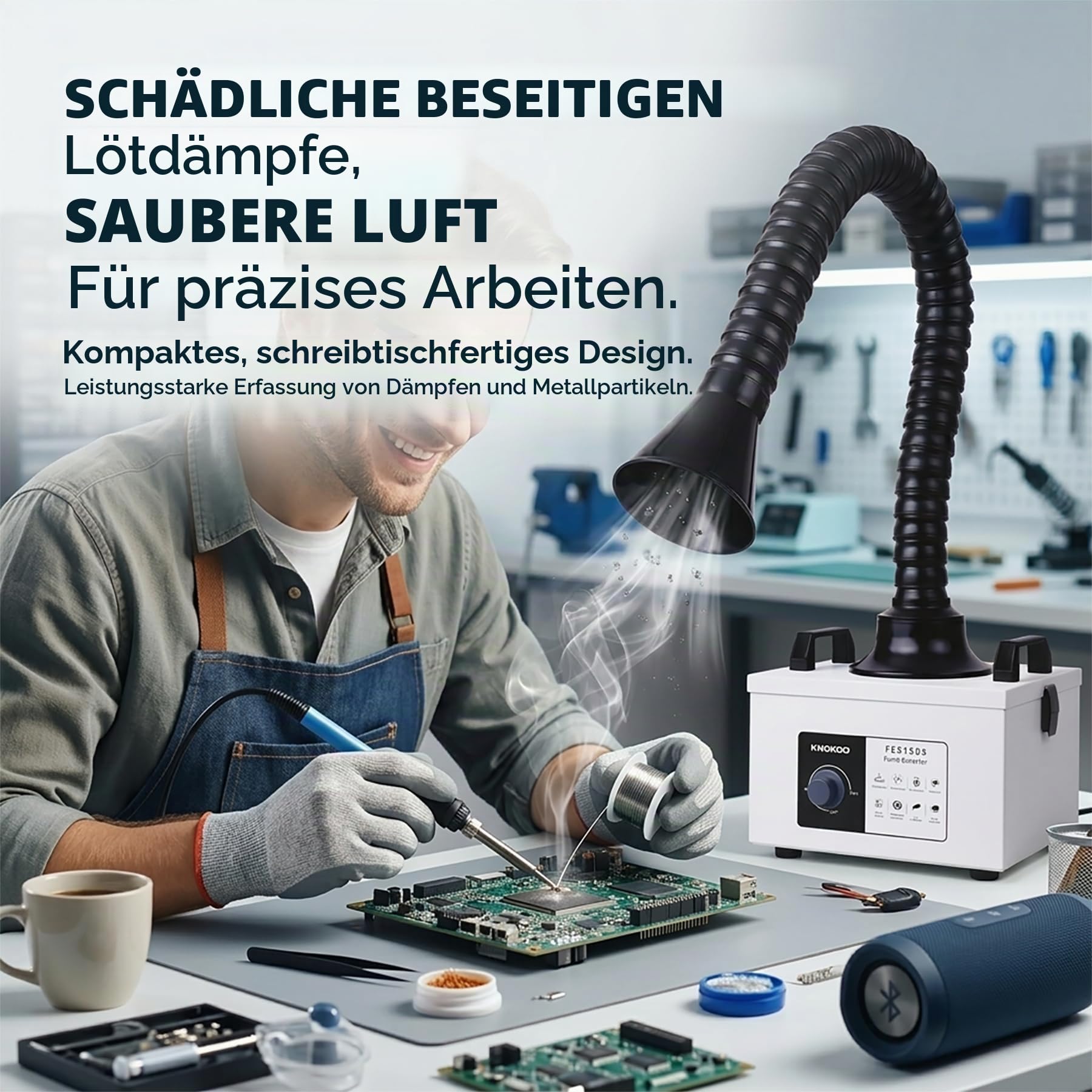 FES150S Lötzauchabsaugung, 200 m³/h, 100 W, starke Saugkraft, geräuscharm, 3-stufige Filtration, 99,97% Reinigung, für 5W Lasergravierer und Tischlöten, Elektronikreparatur Rauchabsorption（220V） | Für Werkstätten Lötbank und Lasergravur, 100 W, 200 m³/h (