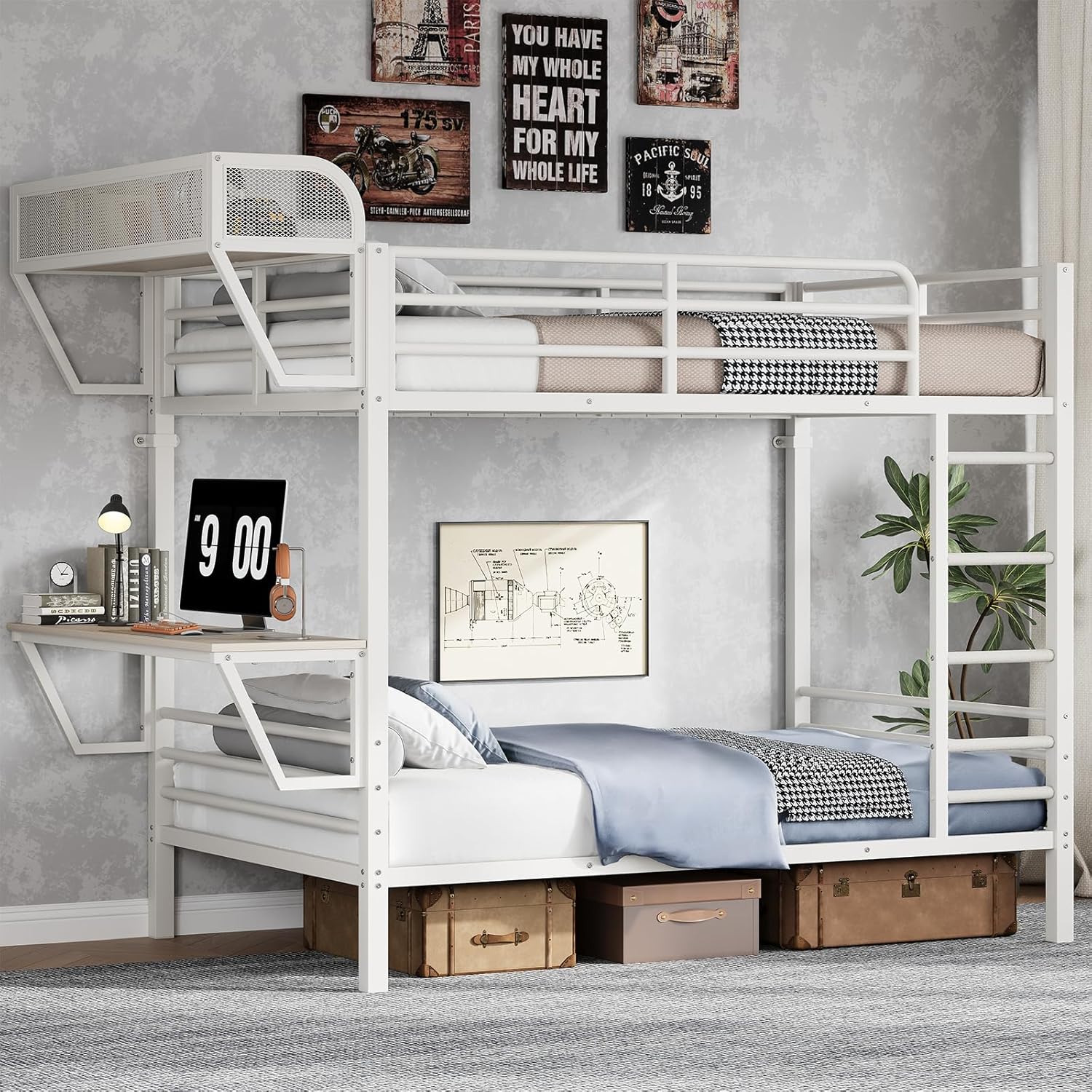 Bunk Bed Twin Over Twin with Charging Desk, Heavy Duty 2 Decker Bed, 2-Tier Metal Bed Frame with Safety Guardrail & Stairs, Upper Bed with Extra Shelf, Easy Assembly for Juniors Bedroom, Dorm, White