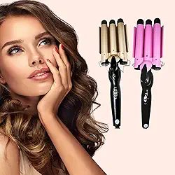 AMOREJA Modelador de Cachos Profissional Triondas 25mm Bivolt Prancha Turmalina Cerâmica Anti Frizz (Rosa)