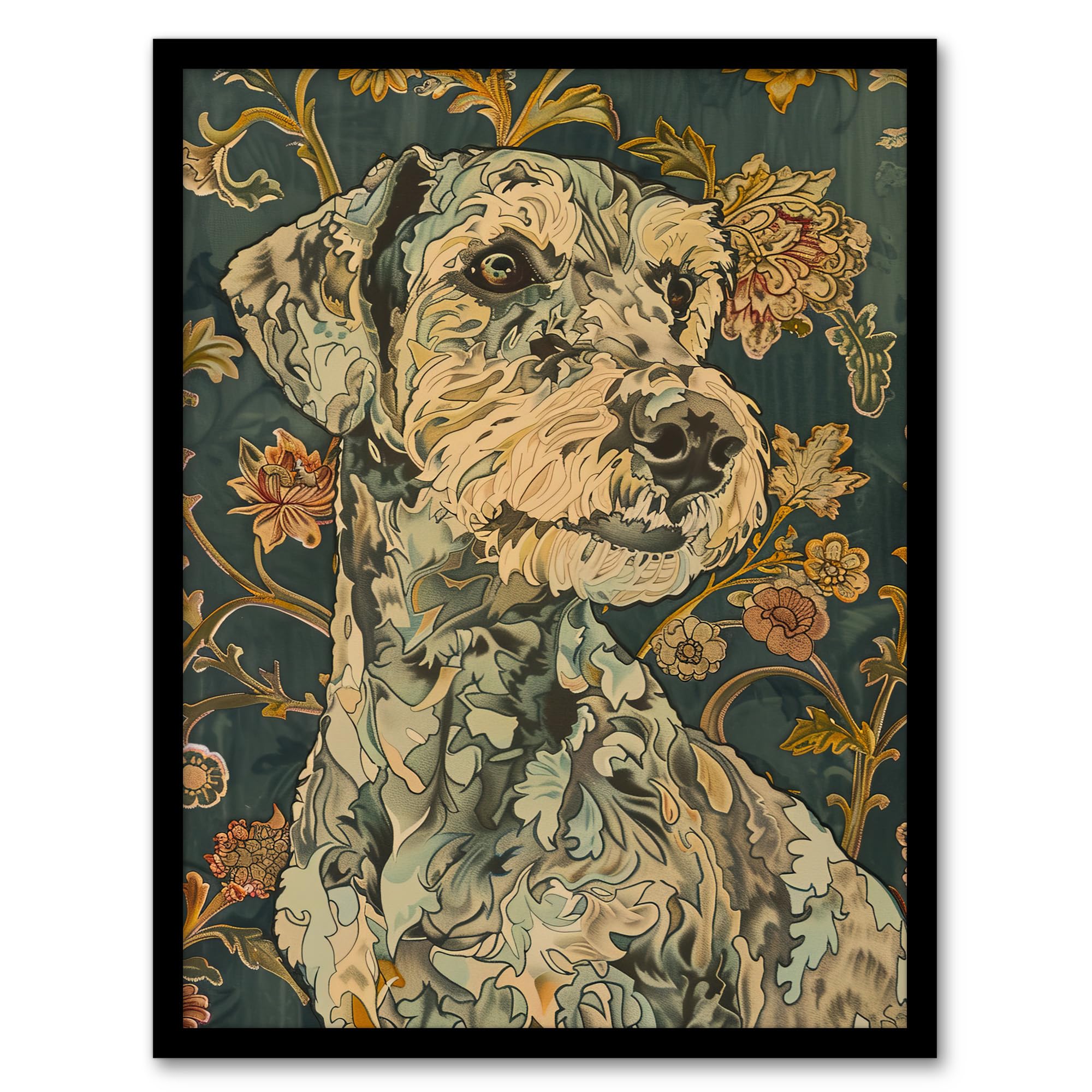 Artery8 Abstract Portrait Dog in Flowers Painting Animal Living Room Artwork Framed Wall Art Print A4