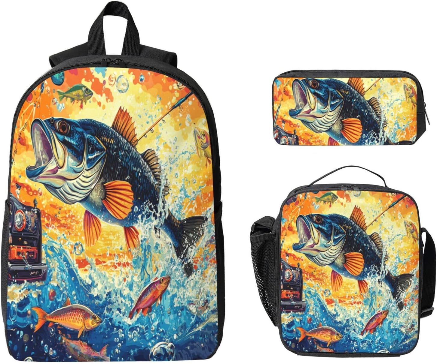 Fishpattern Portable Backpack Set With Lunch Box And Case For Picnic/Outing Backpacking