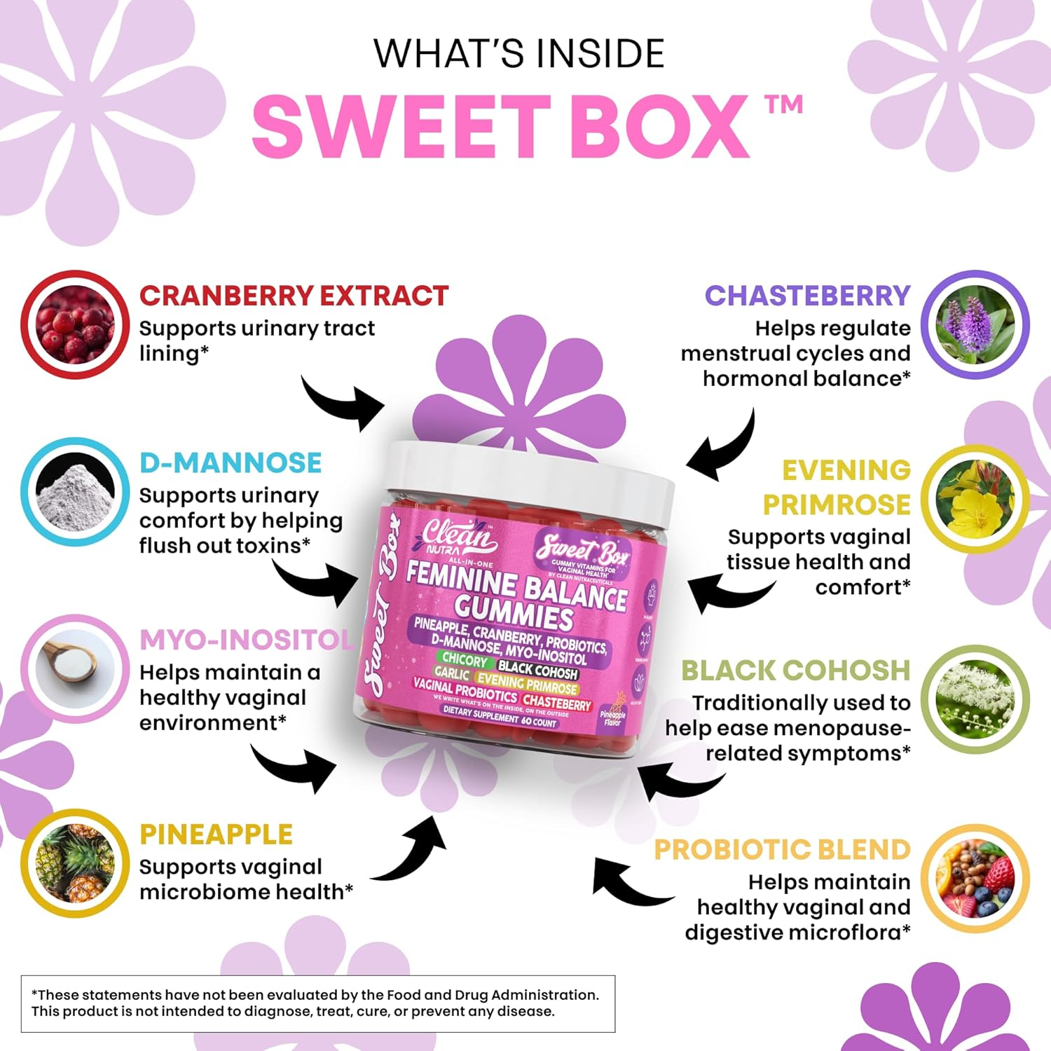 Clean Nutra Feminine Balance Gummies for Women Pineapple VaginalProbiotics pH Balance Cranberry D Mannose Supplement Inositol Black Cohosh Evening Primrose Garlic Vitex GLA Prebiotics Folate 60ct - Image 3