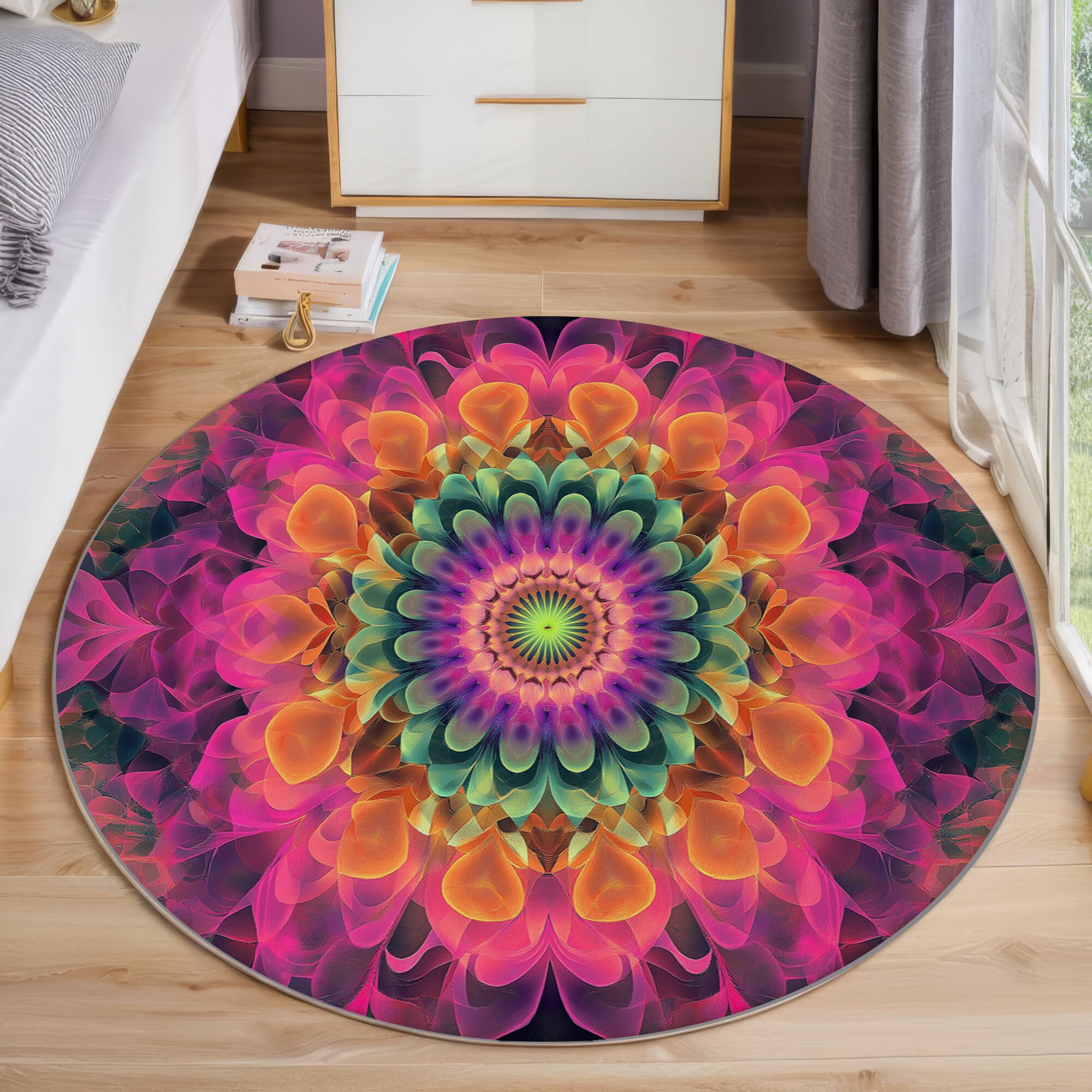 Rond Tapis Salon Rose Moquette 3D Mandala Tourbillonnant Chambre De Décoration Poil Ras Lavable en Machine Paillasson Art Psychédélique Antidérapant Salle A Manger Chambre Adulte,120Cm