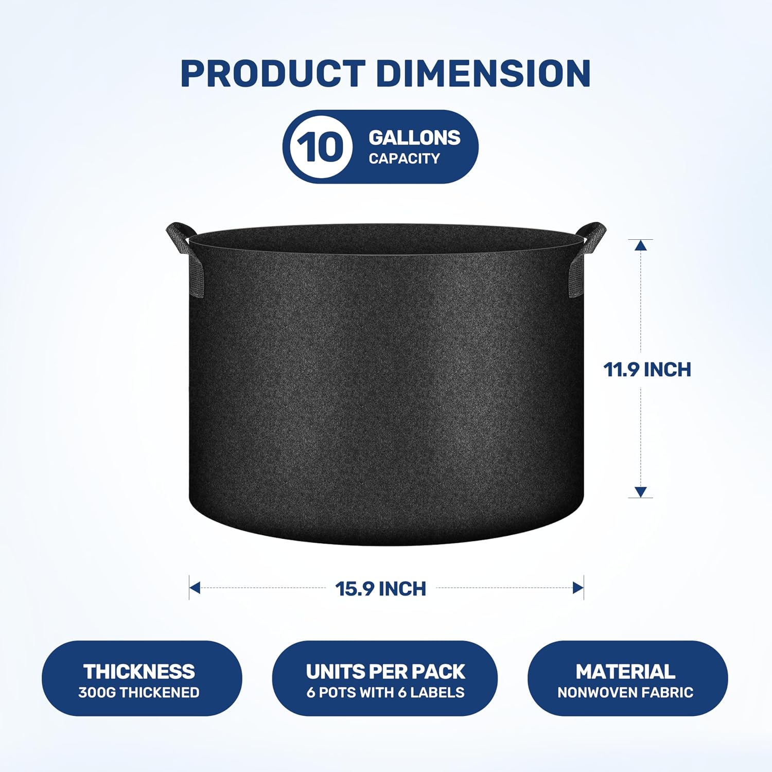 HealSmart 10 Gallon 6 Pack Nonwoven Grow Bags, Aeration Fabric Pots with Handles, Heavy Duty Garden Grow Pots for Tomato Vegetables Flowers, 6 Plant Labels, Black