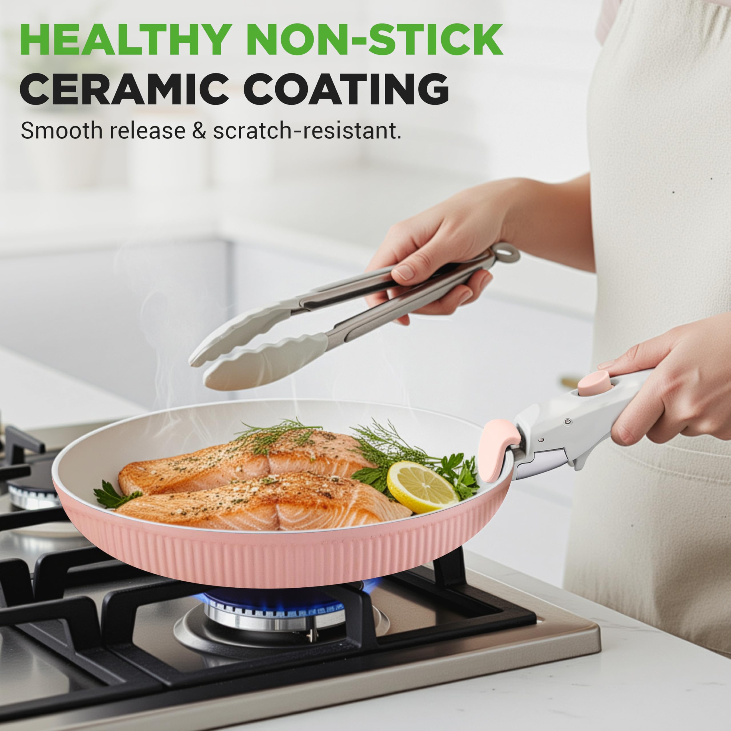 NutriChef Zestaw Naczyń Ceramicznych 18 Sztuk z Odczepianymi Rączkami, Patelnia i Garnki z Powłoką Nieprzywierającą, Powłoka Ceramiczna Bez PTFE, Oszczędność Miejsca, Do Pieca, Różowy