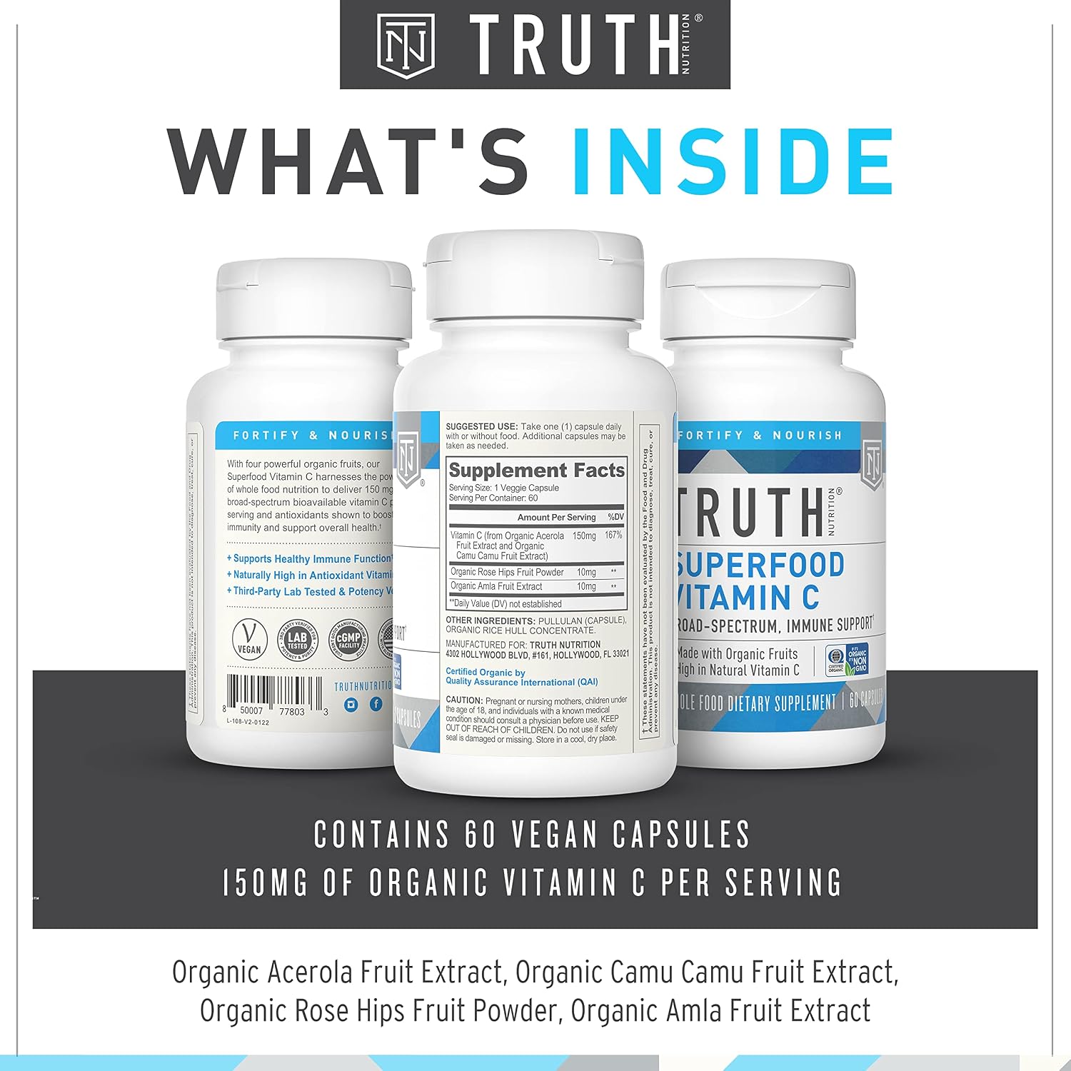 Truth Nutrition Organic Vitamin C Superfood Blend - 60 Natural Vitamin C Capsules Vegan Supplement - 150mg Vegan Vitamin C with Organic Acerola Cherry Powder, Amla Powder, Rosehip Powder and Camu Camu