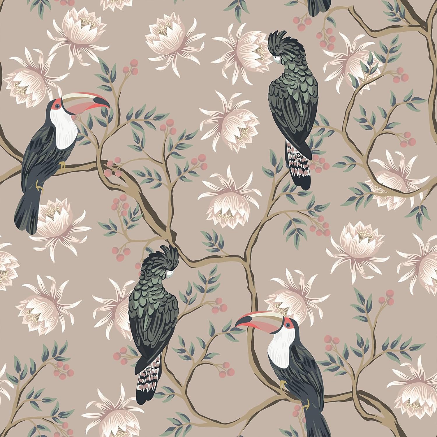 VEELIKE Dusty Pink Birds Floral Wallpaper Peel and Stick Exotic Chinoiserie Wallpaper for Bedroom Bathroom 17.7''x118'' Removable Self Adhesive Vintage Wallpaper Pink Contact Paper for Walls Cabinets