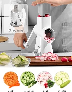 GDL Cheese Grater Rotary with Handle, Vegetable Slicer, 3 Blades, White | Save Time, 12x Fast Cutting, Rock-Solid Stability, Safety Design, Sharp Blades, Versatility, Easy Assembly, Dishwasher-Safe