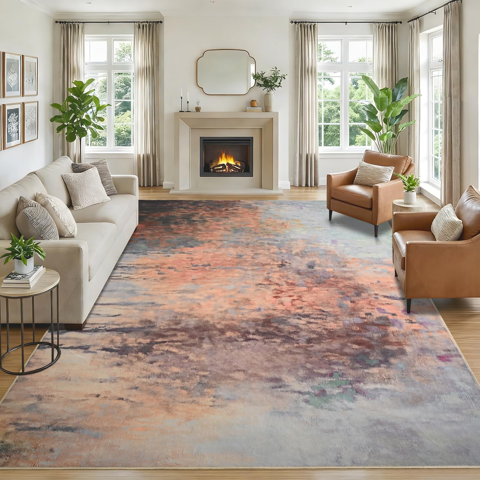 Mejorug 6x9 Area Rugs for Living Room Bedroom,Washable Modern Abstract Soft Non Slip Low Pile Stain Resistant Throw Carpet for Dining Room Farmhouse Nursery Home Office,Orange Red