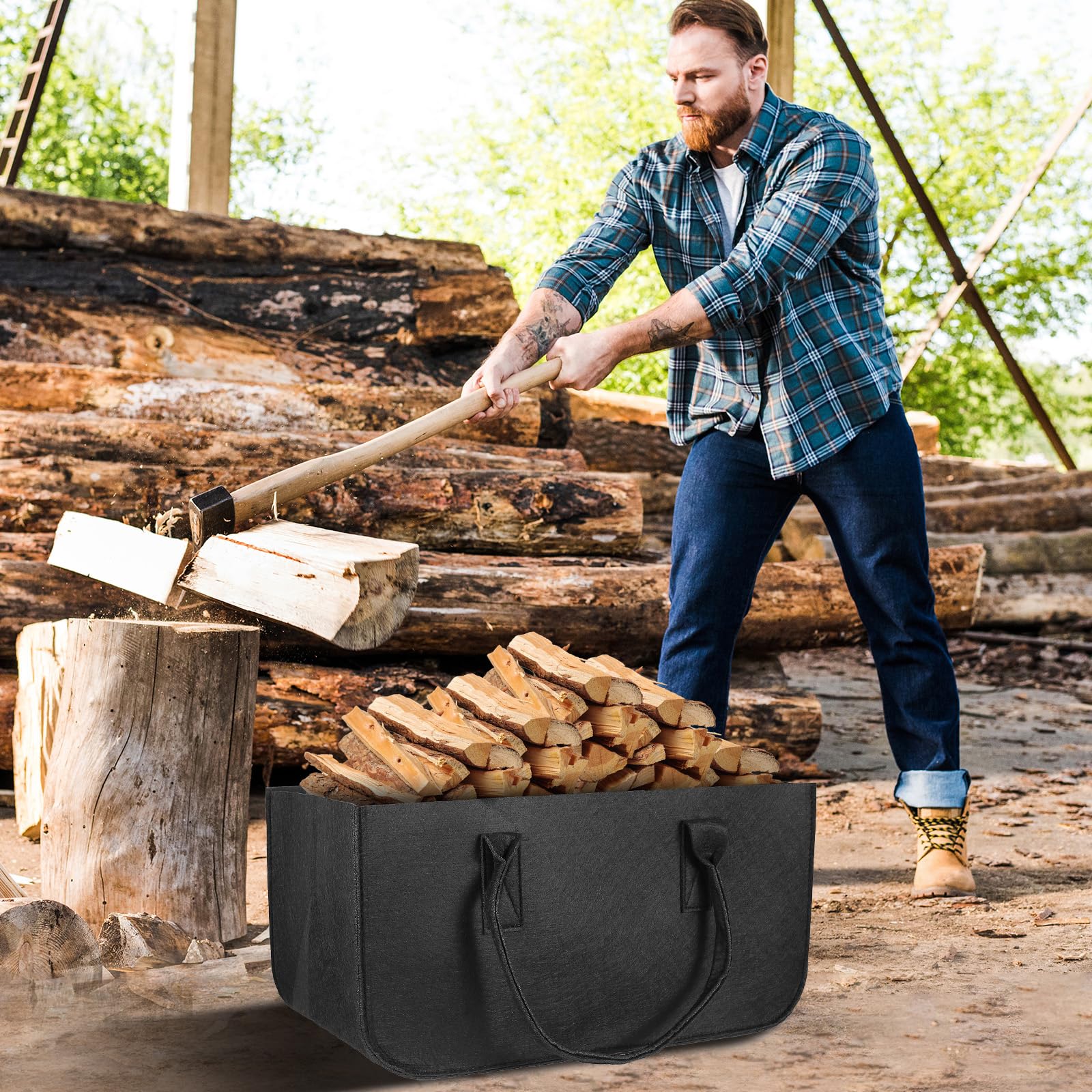 AiQInu Cesta de fieltro Cesta de leña, Plegable Cesta de Fieltro, 50x25x25cm Bolsa de Fieltro para Almacenar Leña de Chimenea y Más para Transportar Madera, Guardar Juguetes, Madera, Periódicos