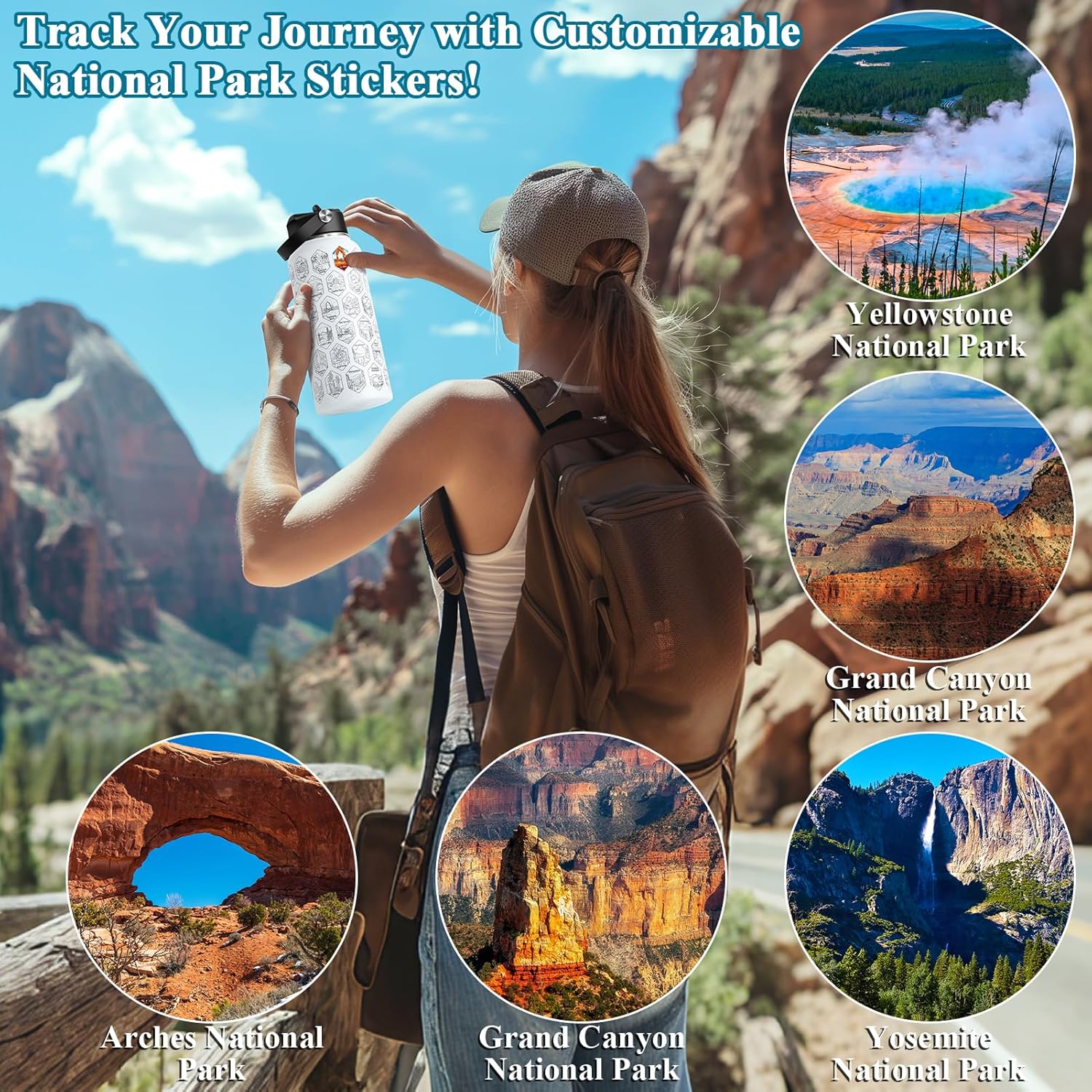 National Parks Water Bottle with Stickers, Birthday Gifts for Men and Women, 32oz Wide Mouth Leakproof Stainless Steel Bucket List Insulated Bottle for Camping & Hiking - Image 2