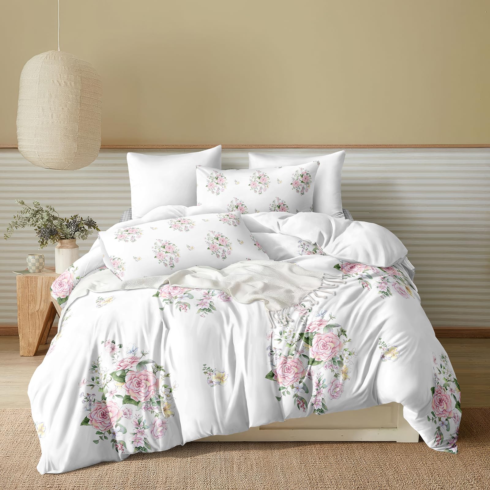 Herside Pink Flowers Duvet Cover Set King Modern Floral Bedding Pink Rose Flowers Printed Microfibre Teens Kids Bedding Sets 1 Quilt Cover 2 Pillowcases (Light Pink, King)