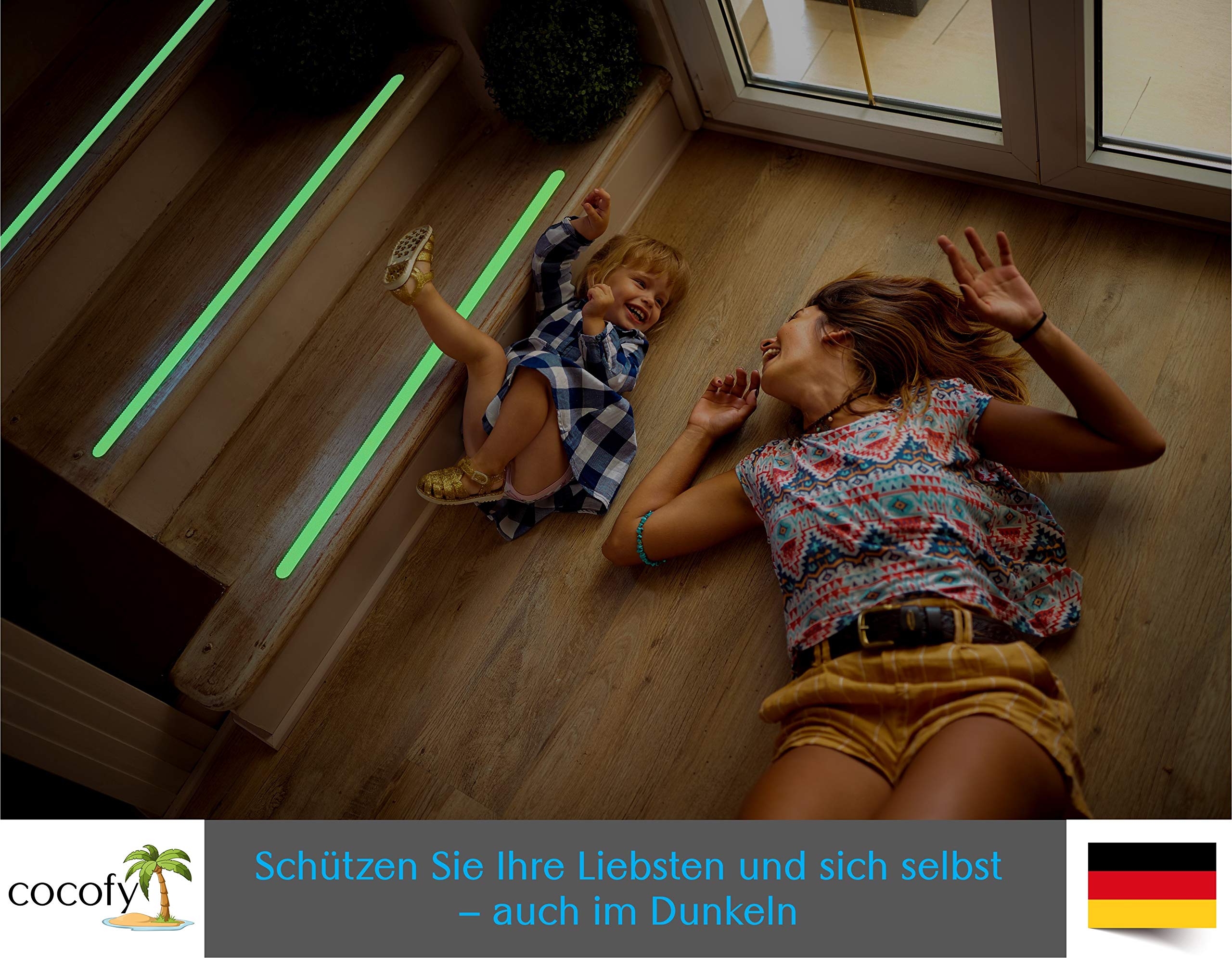 Fluoreszierende Anti Rutsch Streifen Leuchtend Aufkleber Treppe, nachleuchtendes Klebeband, XXL (75x3 cm), für Treppenstufen innen, Antirutsch Sticker - 18-Pack