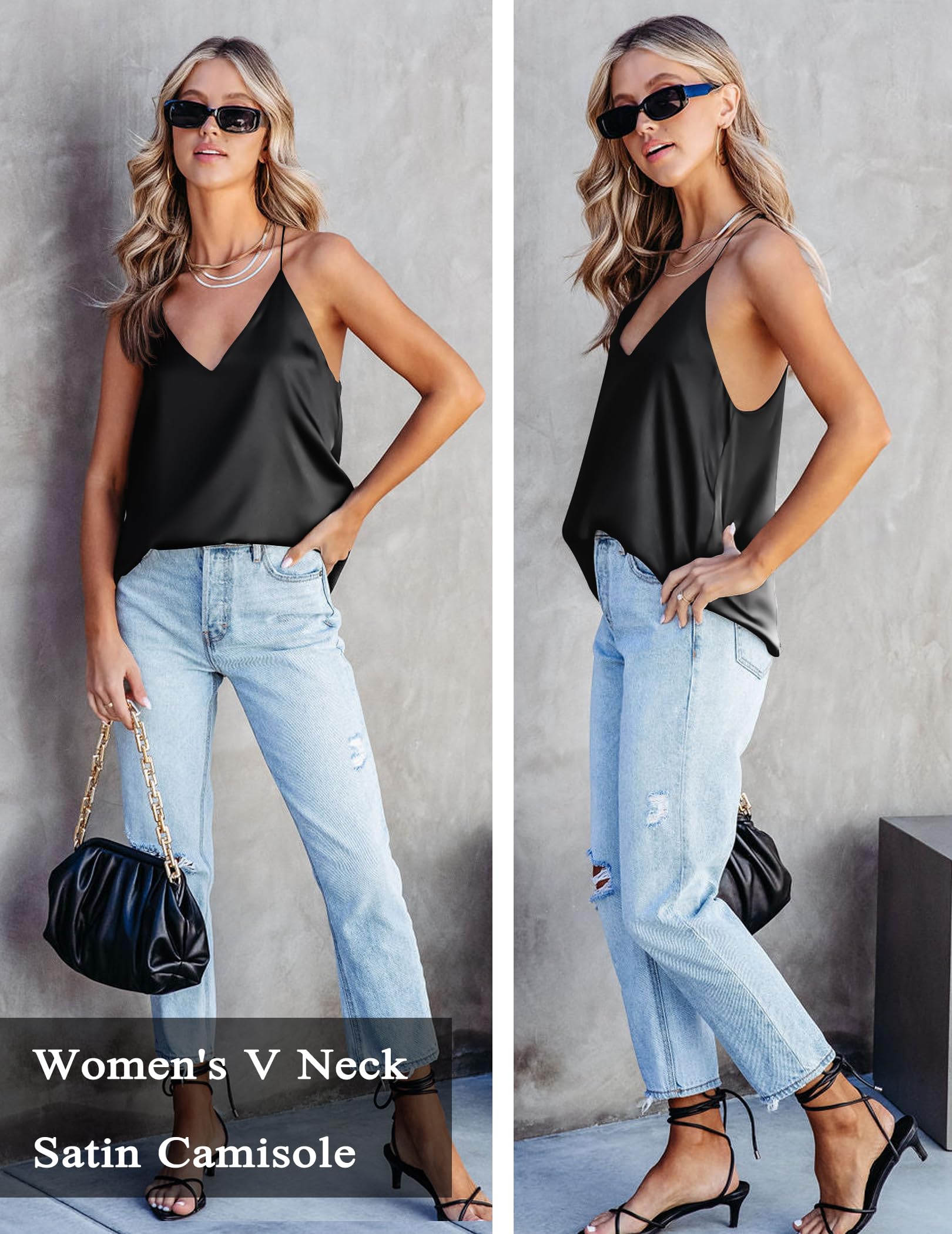 Ekouaer Womens Satin Tank Tops 2 Pack Silky Camisole V Neck Spaghetti Strap Blouses Sleeveless Cami Shirt