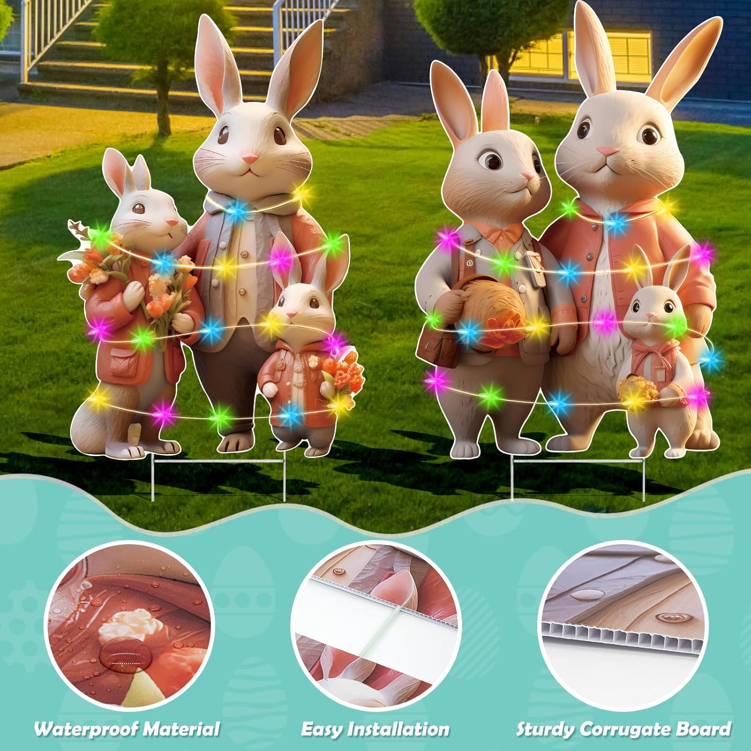 sewrung 2PCS Large Easter Bunny Outdoor Easter Yard Signs - Waterproof Plastic Garden Floor Mount Yard Signs for Pathway Walkway