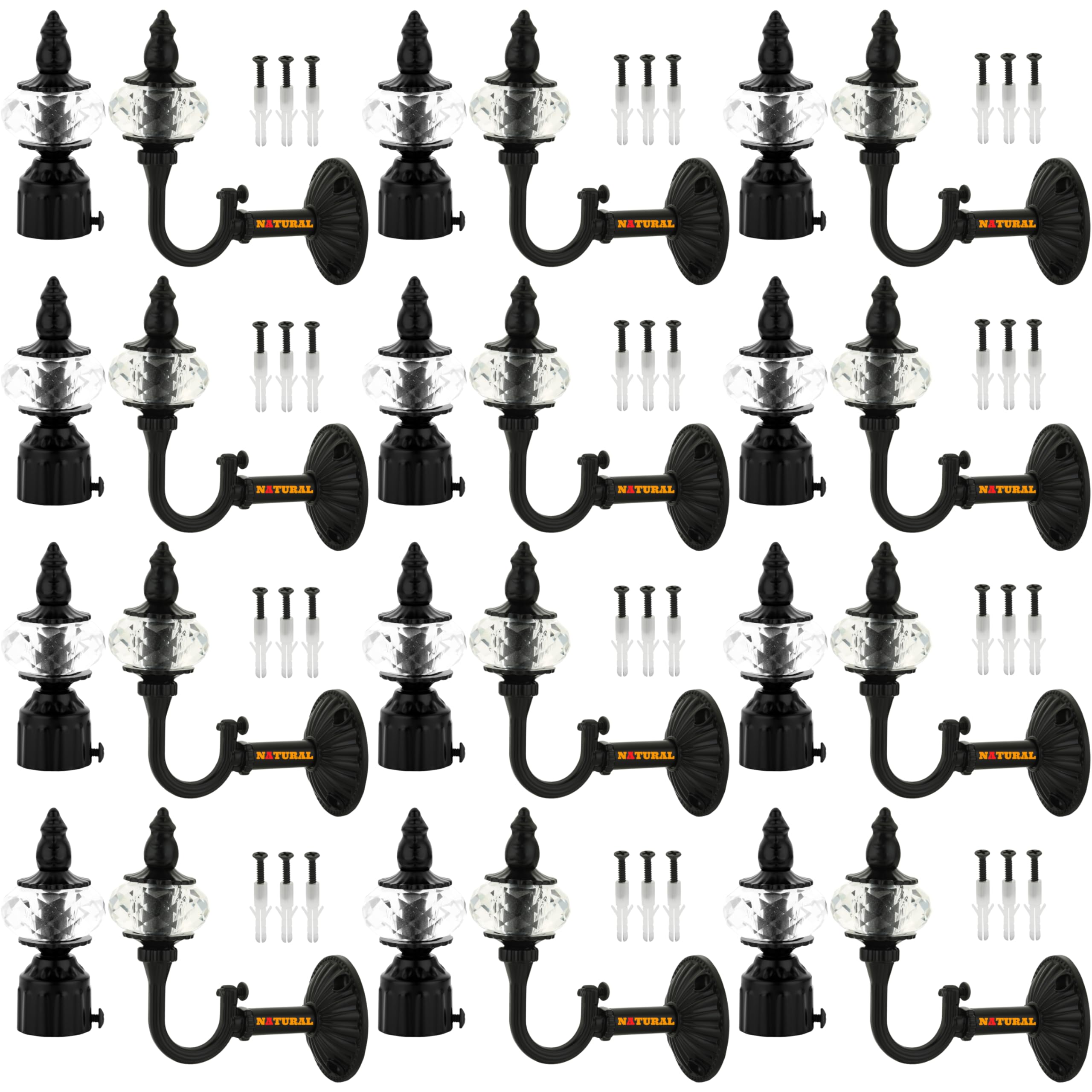 NATURAL Heavy Duty Aluminum Royal Luxury Design Curtain Bracket/Finial and Curtain Support with Screw/Wallplug for Window & Door Curtain Fittings Suitable Upto 1 Inch Pipe. (12 Set, Black MATT)