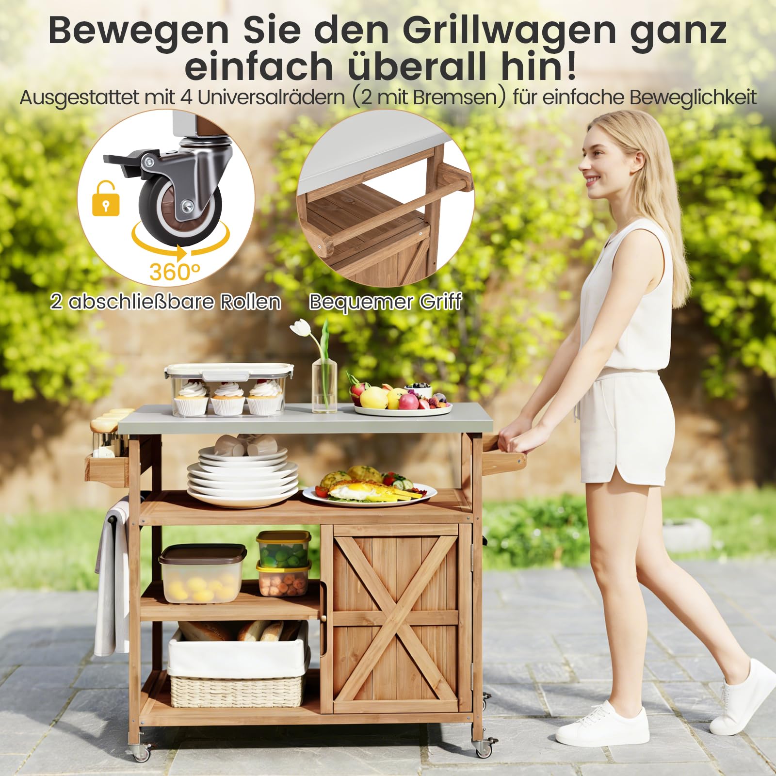 COSTWAY Grillwagen Outdoor, Servierwagen auf Rollen, Kücheninsel mit Edelstahl-Arbeitsplatte, Ablagen, Gewürzregal, Schrank & Handtuchhalter, Grill Trolley BBQ Grilltisch (1 Tür-118 x 47 x 92 cm)