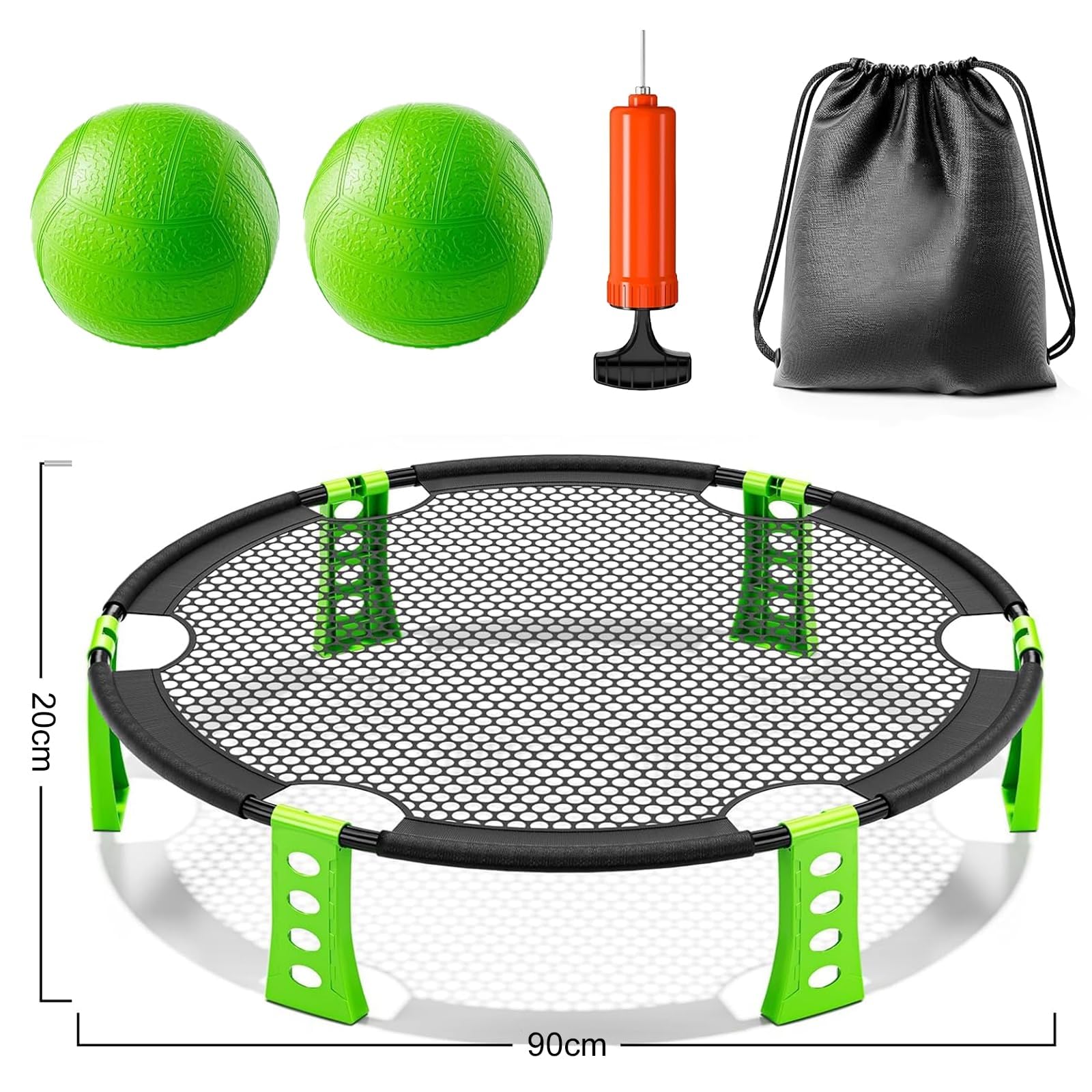 Juego de Roundnet Completo con 2 Pelotas, Bomba de Aire, Redes, Cuerda de Tensión y Bolsa de Transporte | Portátil para Playa, Césped, Jardín y Parque