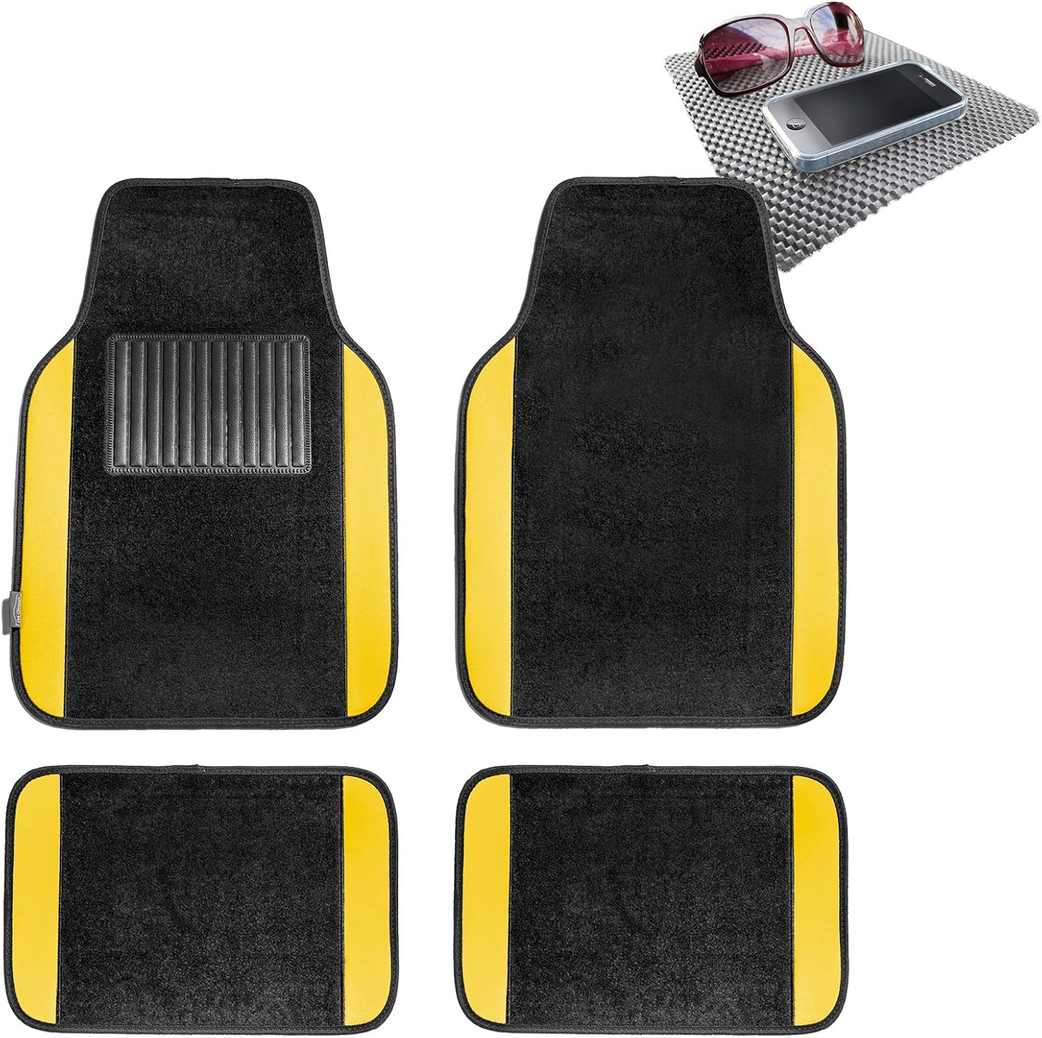 TLH Floor Mats, Yellow-Black Carpet Vehicle Mats for Passenger Car, Universal Fit, Front and Rear Set