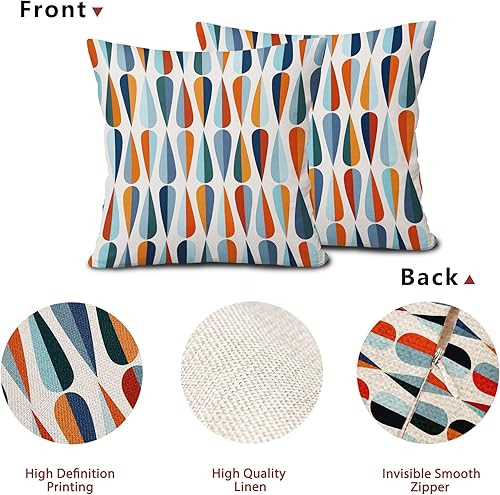 Miniatura 5 de aportt Juego de 2 fundas de almohada de mediados de siglo de 16 x 16 pulgadas, cuadradas, con forma de gota azul y naranja, modernas, retro, algodón