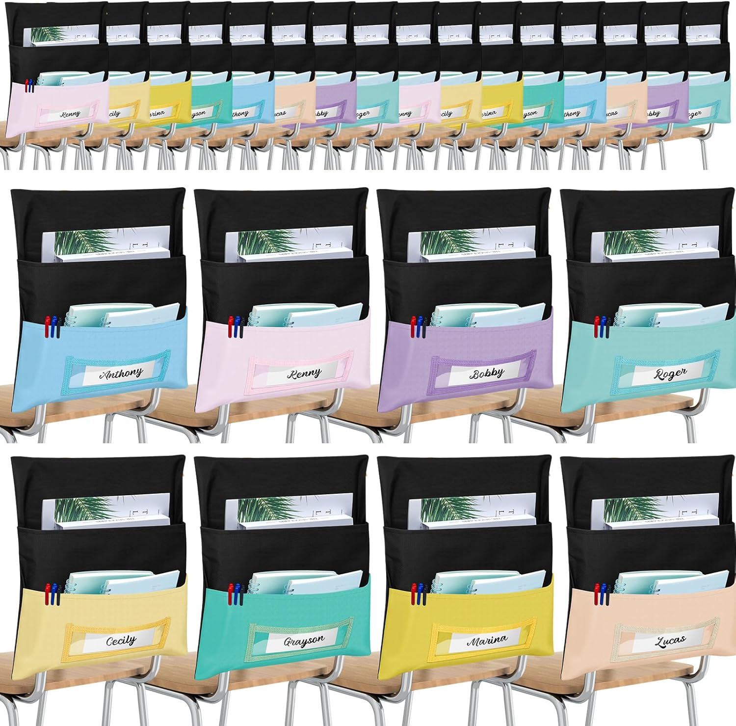 Maitys 24 Pcs Chair Storage Pocket 16 x 19 Inch Large Chair Pocket Classroom Student Chair Organizer 8 Color Seat Storage with Name Tag Slot for Keeping Kid Book School Table Organized(Macaron Color)