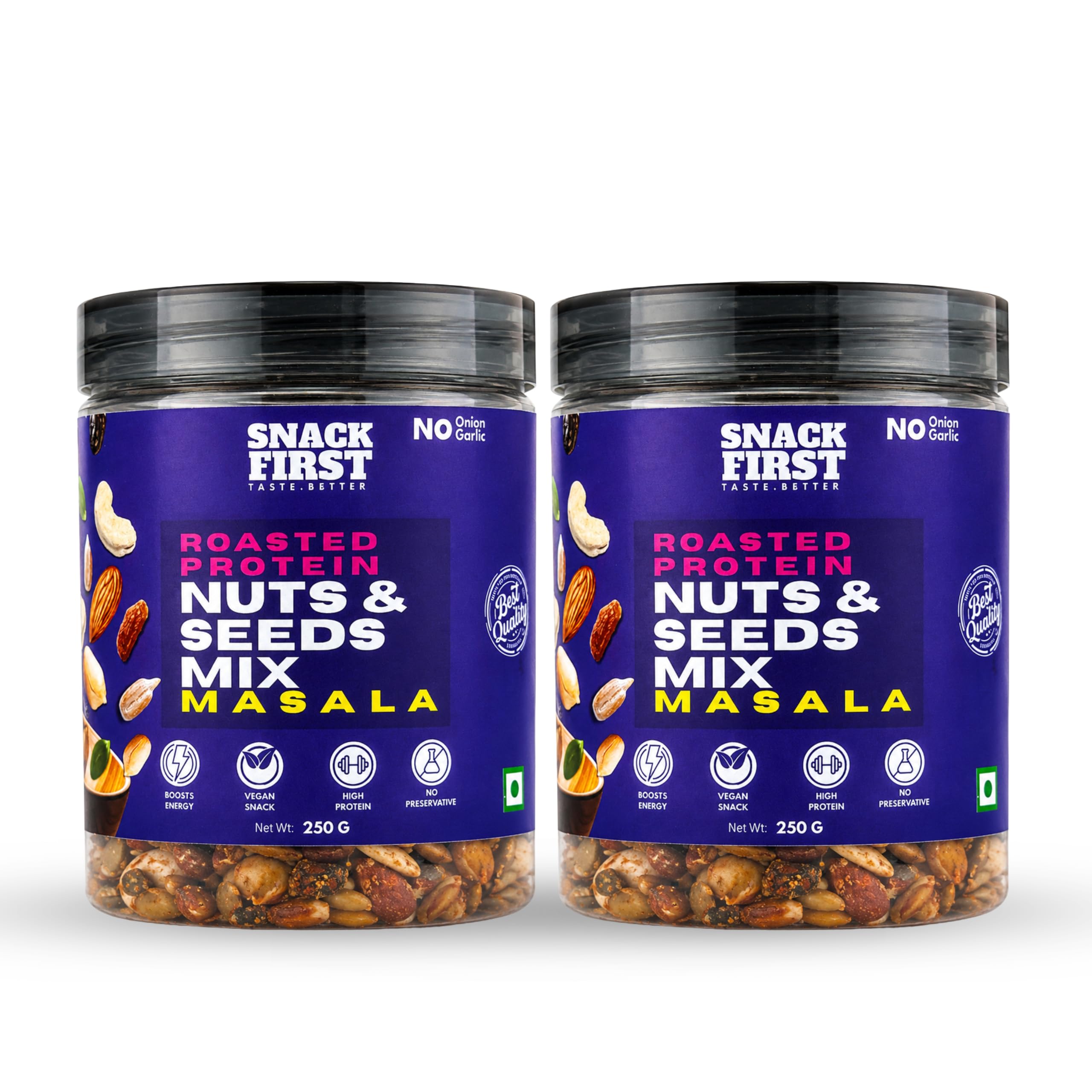 Snack First Roasted Masala Dry Fruit & Seeds Mix | No Onion No Garlic | No Palm Oil | 250G | Pack Of 2 | masala dryfruit mixture | mixed dry Fruit & seeds | Almonds | Black Raisins | Cashewnuts | Pumpkin Seed | Sunflower Seed |Peanuts | Green Raisins | 7 In 1 Super Foods | Vitamin E | High protein | Healthy Snack, Gym Snack | 2x250gjar| 500g-image-14