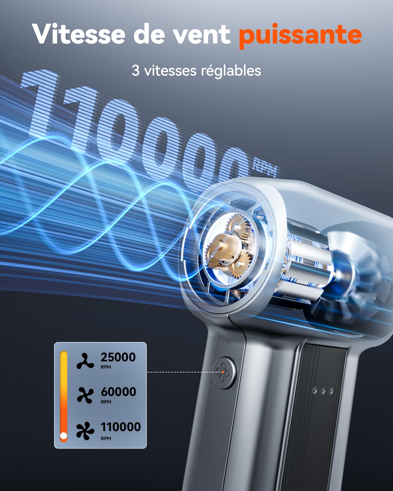 WOLFBOX MF70 Souffleur Air Comprimé PC, Mini Souffleur Sans Fil Puissant 110 000 RPM, Soufflette Électrique Rechargeable 3 Vitesses, Autonomie 300 Min, Dépoussiérant pour Clavier Ordinateur Voiture
