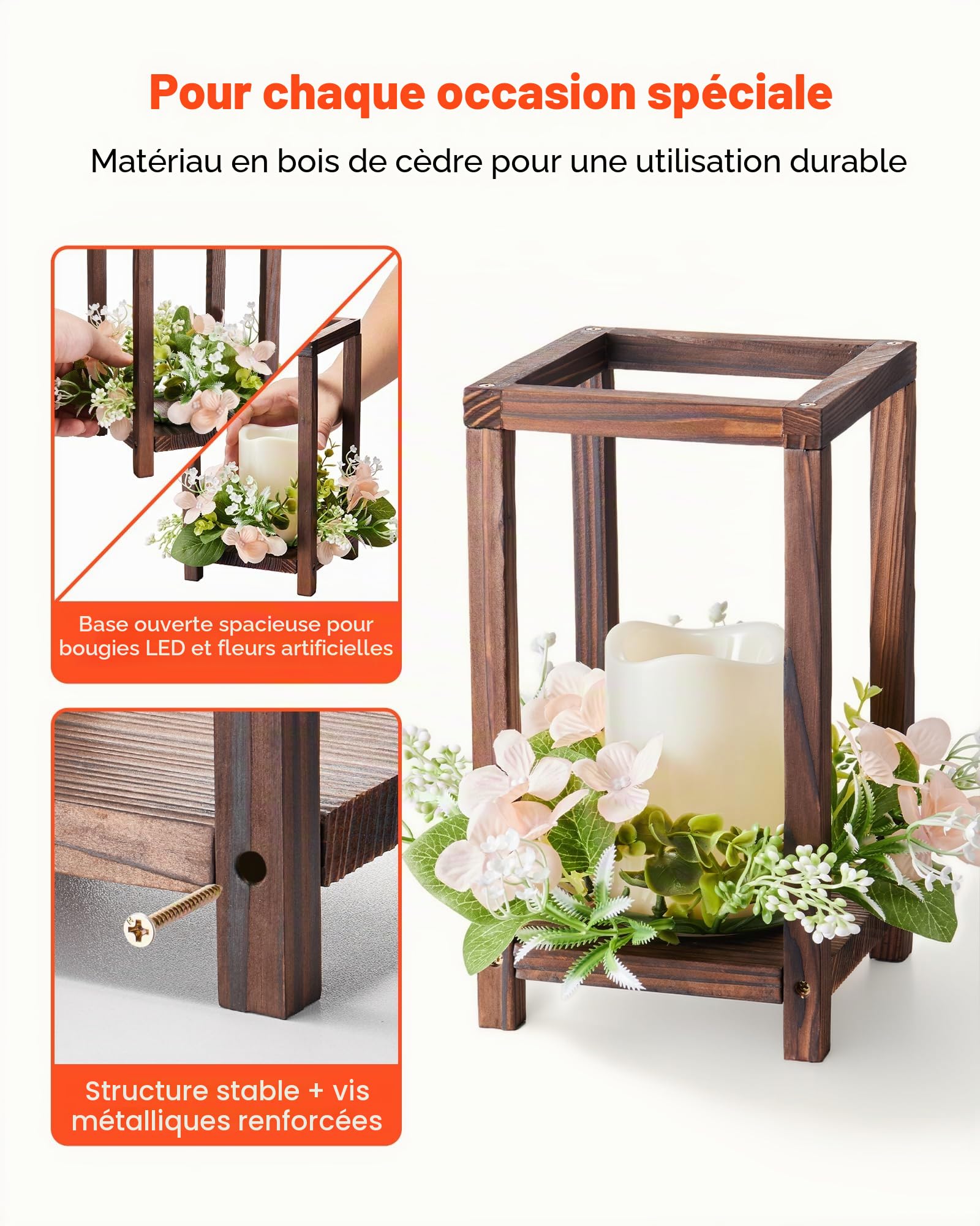 VEVOR Lanterne de Mariage en Bois, Lot de 10, Lanterne Décorative avec Bougies LED sans Flamme, Couronnes de Fleurs Artificielles, pour Centre de Table de Mariage, Fête, Décoration Intérieur, Marron