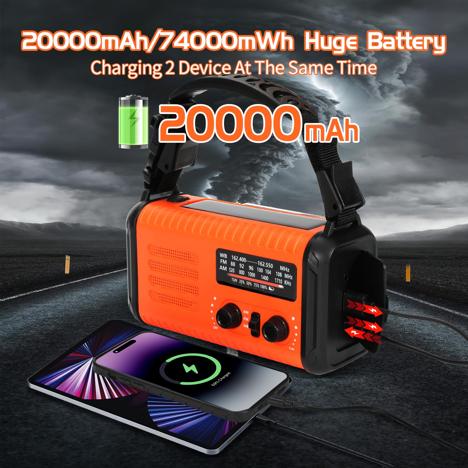 Radio météo d'urgence, radio solaire 20 000 mAh, radio à manivelle avec AM/FM/NOAA, radios portables avec lampe de poche et lampe de lecture, prise casque, alarme SOS, chargeur de téléphone pour les