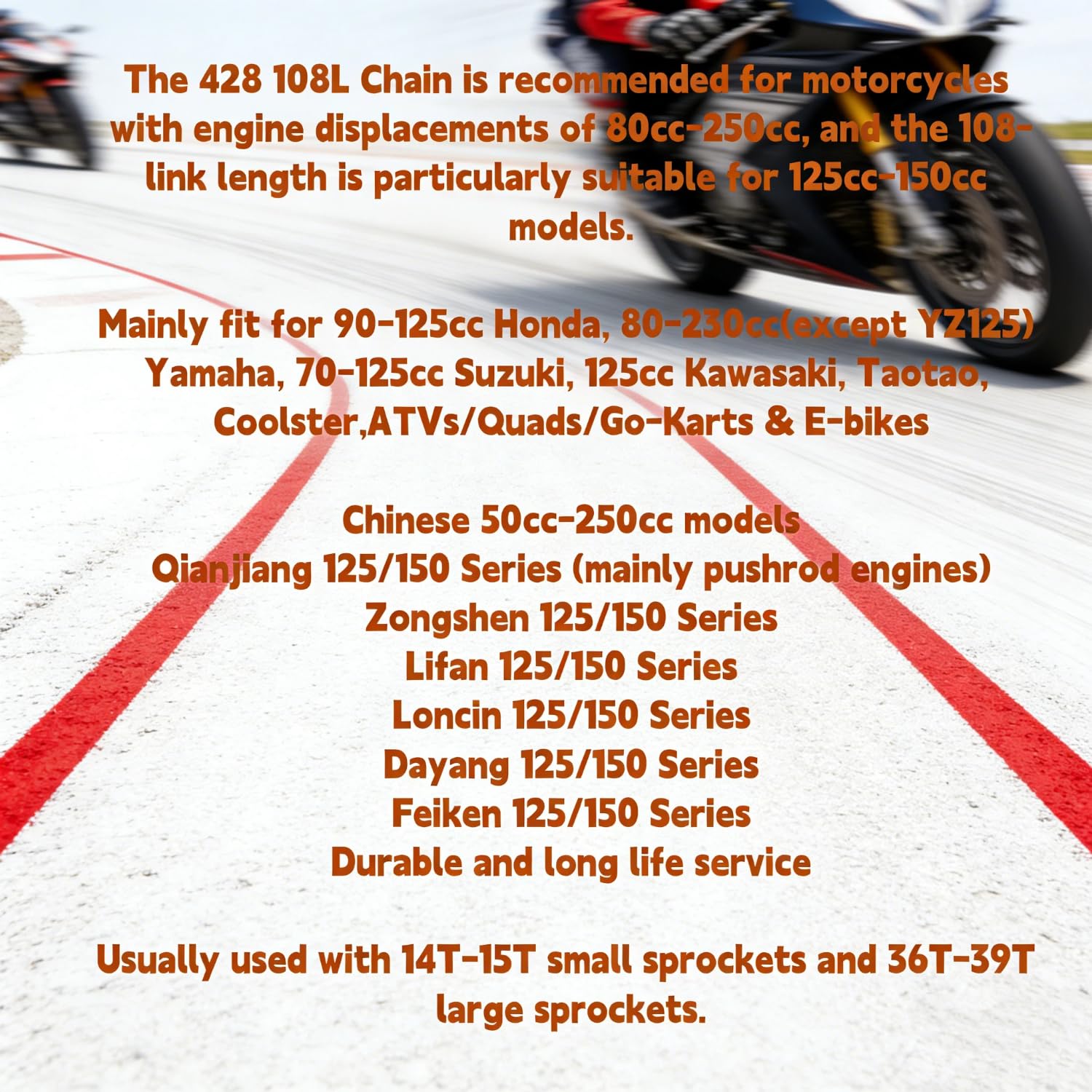 DREAM MOTION Motorcycle 428 Chain 108 Links Drive Chain Transmission System Parts for Honda Kawasaki Yamaha 125cc ~ 250cc SSR YCF Street Bike Quad Scooter ATV Dirt Pit Bike Accessories (Red)